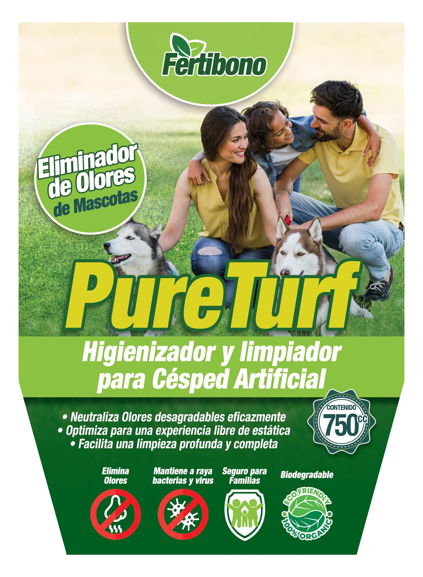 Fertibono PureTurf, Limpiador e Higienizador de Césped Artificial - (750 ml) - Eliminador de Olores de Mascotas, Seguro para Familias
