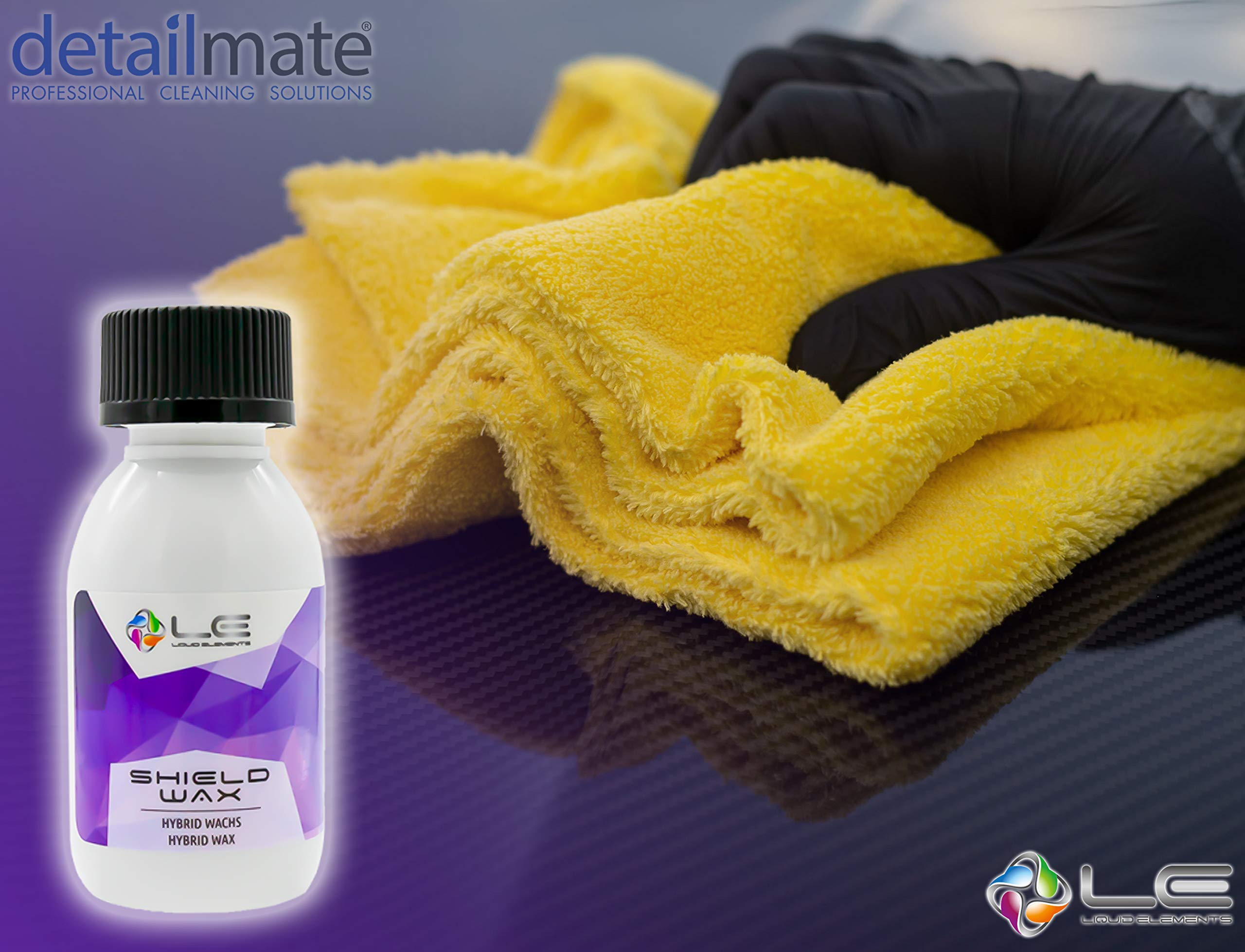 Detailmate - Set de sellado para el cuidado del coche Liquid Elements: sellador de cerámica Shield Wax, cera carnaúba 100ml, aplicador de esponja y 3 paños de pulido para la aplicación + 2 guantes