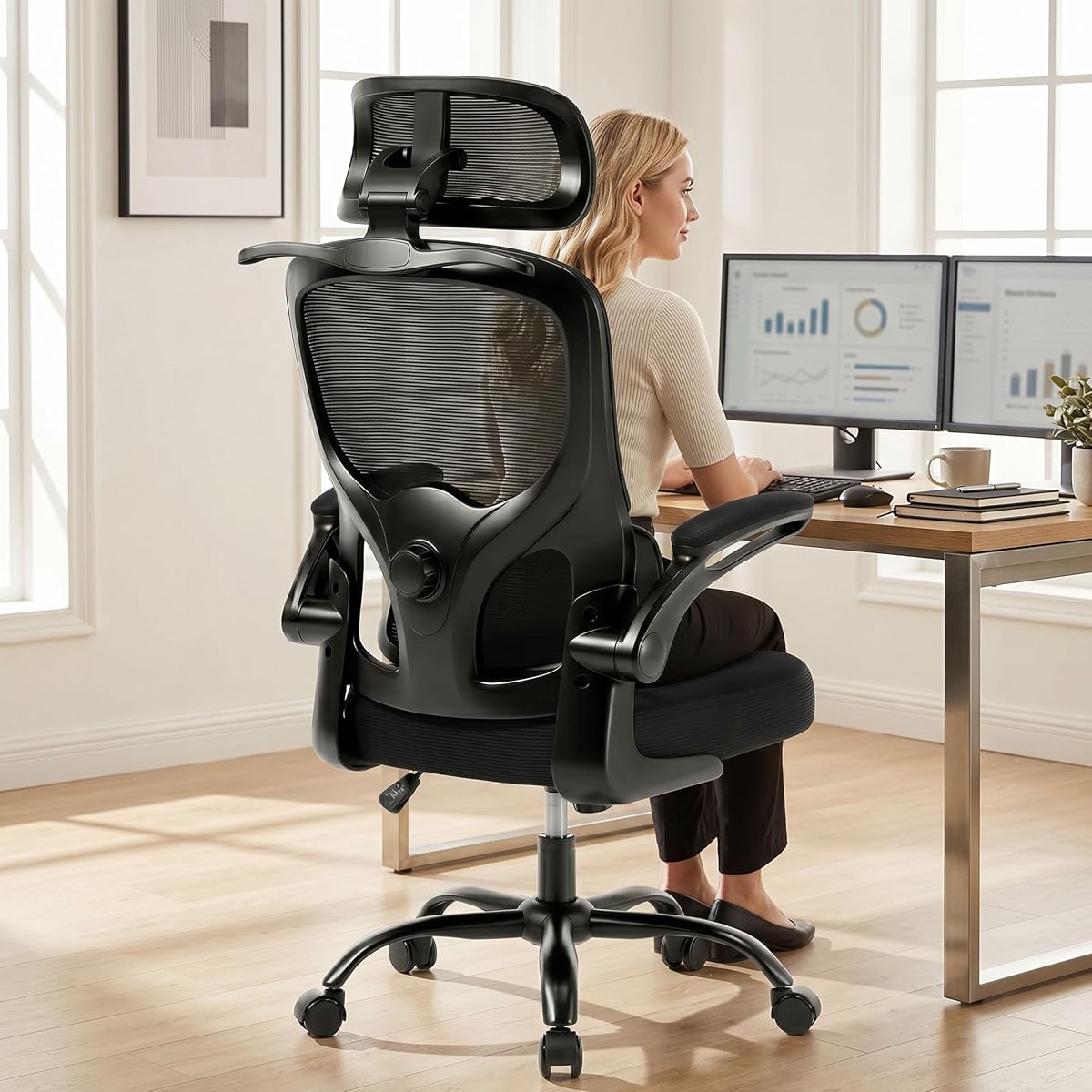 Ergonomic Office Chair, 330lbs Mesh Desk Chair with Lumbar Support | 3D Adjustable Headrest, Flip-Up Armrests, Breathable Mesh High Back Design