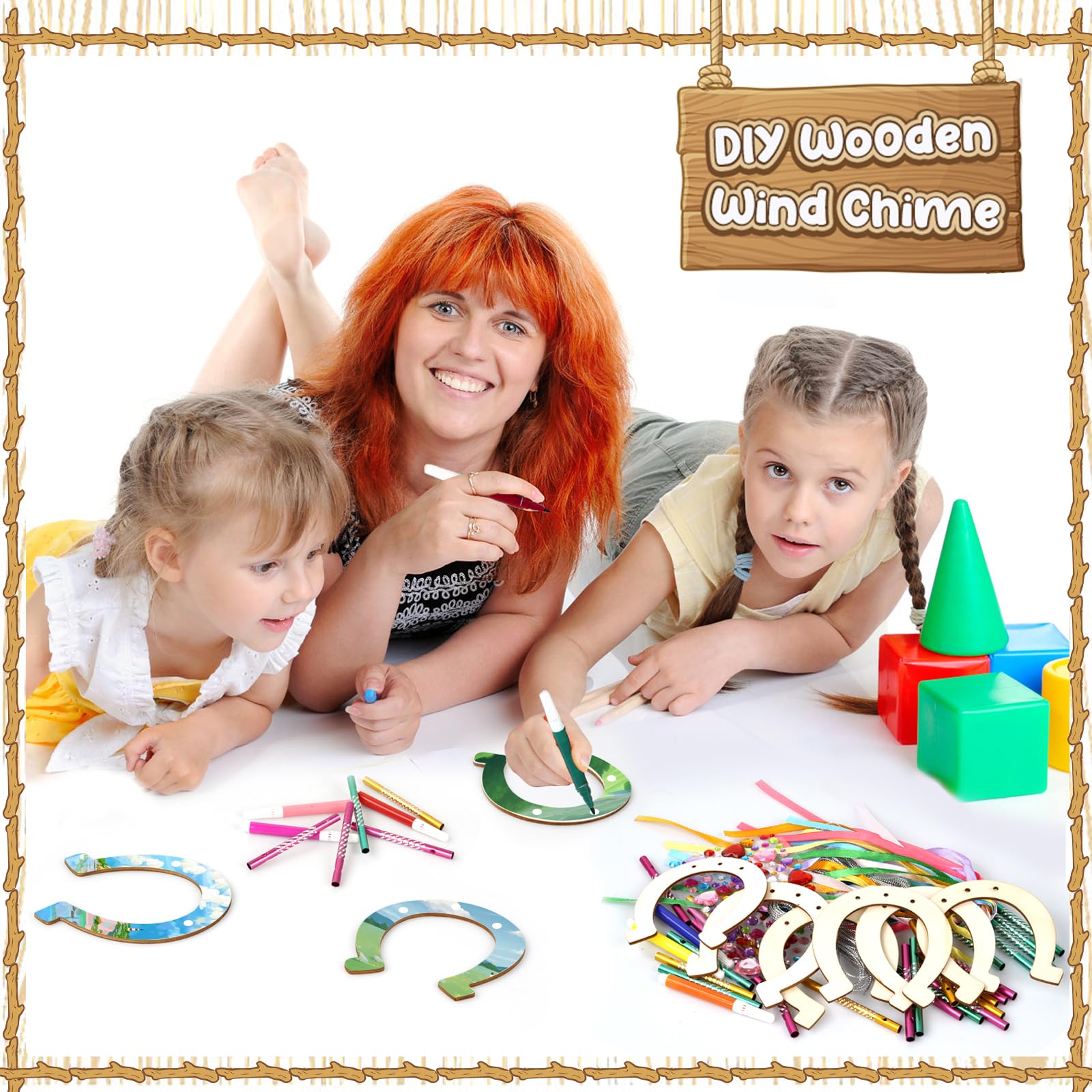16 Kits Carillon,Fer à cheval en bois,À peindre,Cordes colorées,Pinceaux,Loisir créatif enfant Label - Instruments de musique