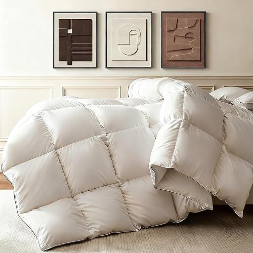 Edredón tamaño Queen, edredón de plumón de ganso blanco, relleno de edredón de algodón, ultra suave, transpirable, para todas las estaciones,