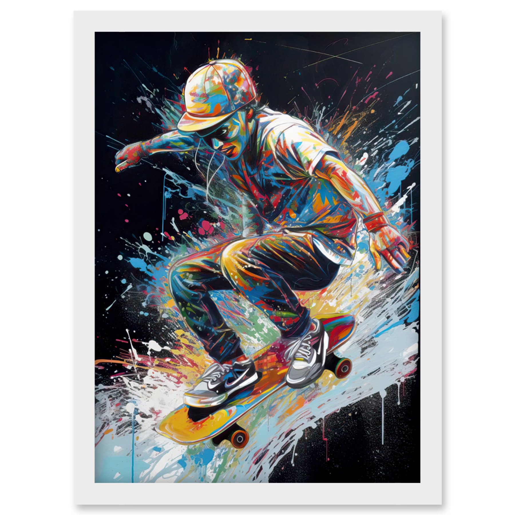 Artery8 Skateboarder Skating Multicoloured Splat Paint Artwork Framed Wall Art Print A4
