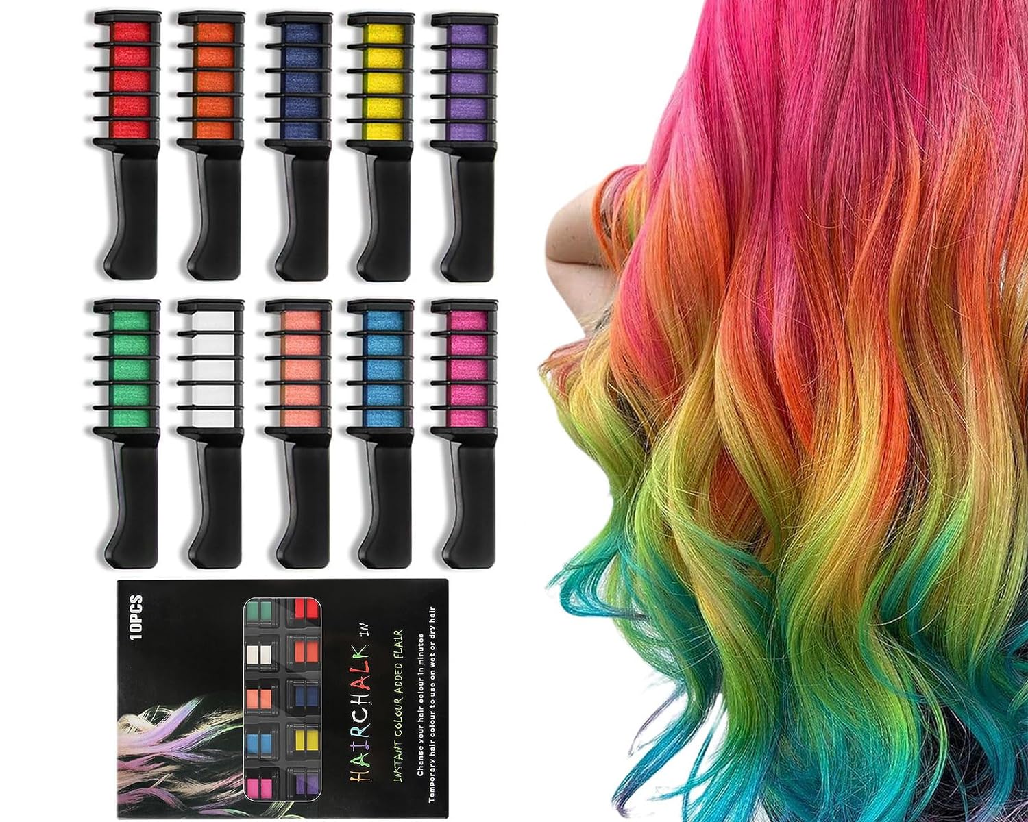 Juego de 10 colores de tiza para el pelo, tizas para el pelo para niñas, peine temporal de color para el pelo, color lavable para cosplay, Navidad, Halloween, fiestas de cumpleaños