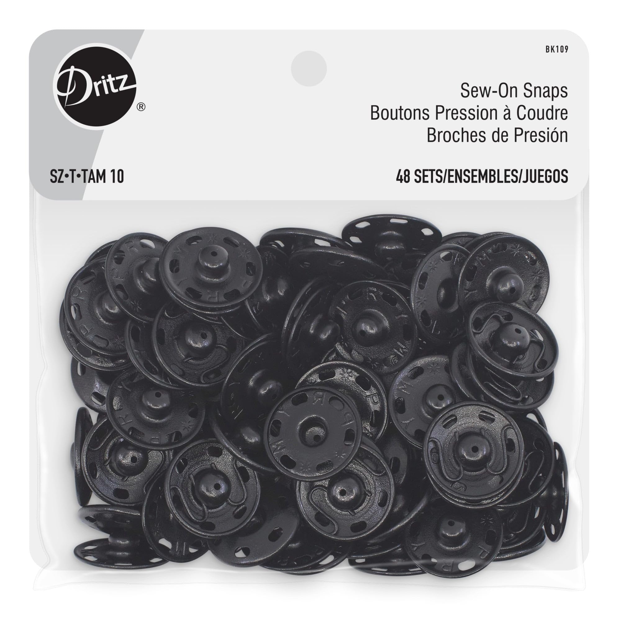Dritz, 7/8", Black, 48 Sets Sew-On Snaps, Size 10, 48ct, Count