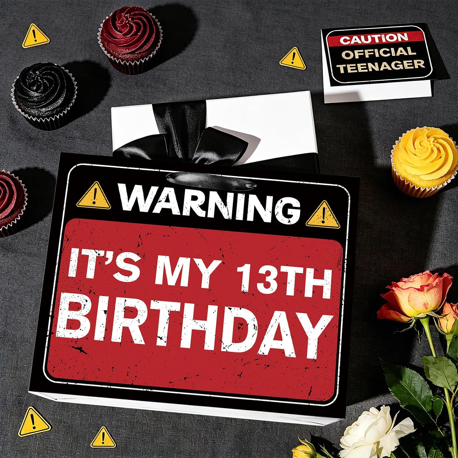 TagreSpike Funny 13th Birthday Gift Bag with Card Tissue Paper, Caution Themed It’s My 13th Birthday Wrapping Paper Bag Funny Warning Gifts for Boys Girls Teenager Cheers to 13 Years Party Favors