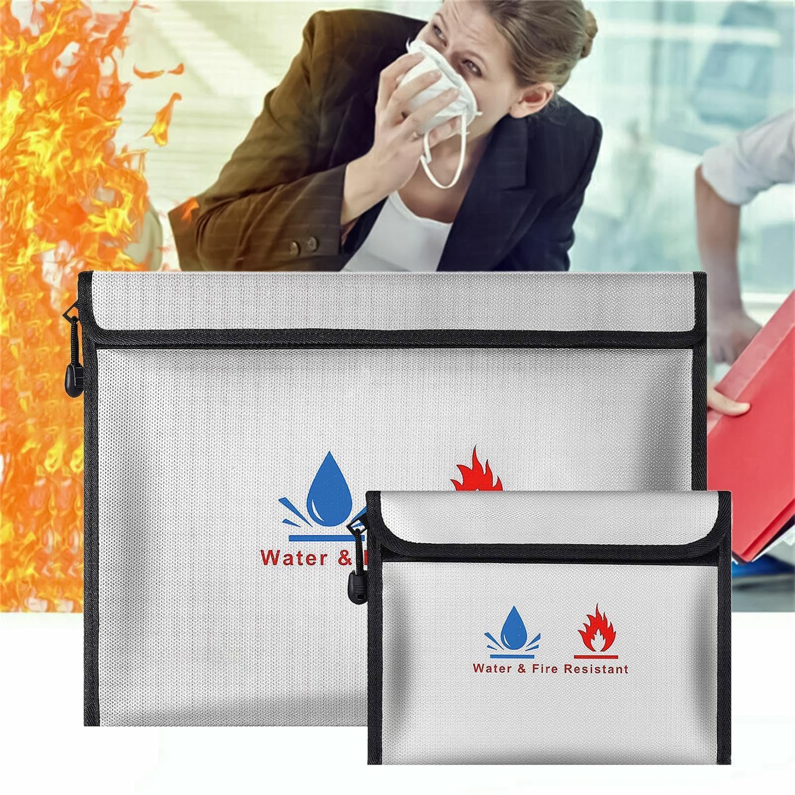 Borsa portadocumenti ignifuga, cassetta sicura, documenti ignifughi a | prova di denaro, confezione da 2 e piccoli supporti per carta impermeabili, doppio strato in silicone per contanti, passaport