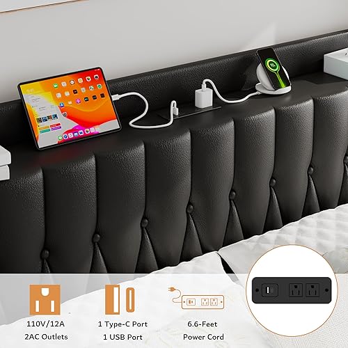 Miniatura 3 de iPormis Base de cama de metal de tamaño matrimonial con estación de carga, cabecera y estribo de piel sintética, soporte de acero resistente,