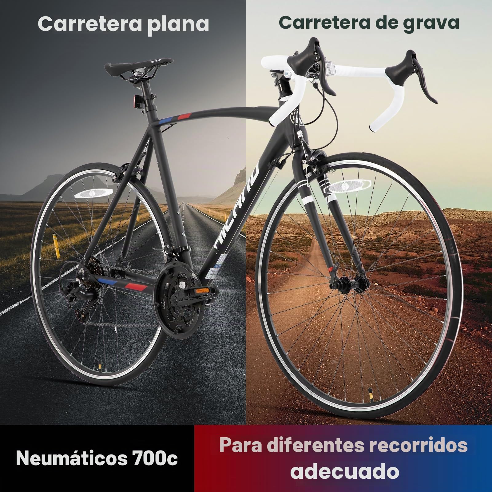 HILAND Alliance Bicicleta de Carretera 28 Pulgadas, 14 Velocidades, Cuadro de Aluminio de 49/53/57 cm para Hombre y Mujer, 700C Bicicleta para Uso Diario para Adultos, Negra/Blanca