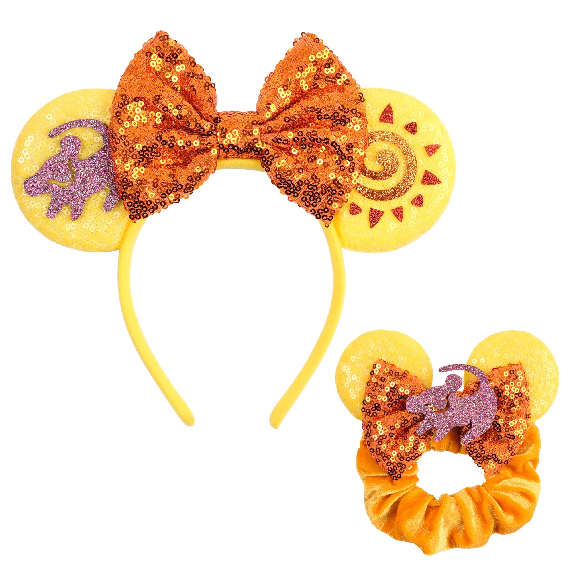 zhezesmila Lion Animal Kingdom Mouse Ears Bow Headband with Scrunchies Rainbow Sparkle Mouse Headband Hair Accessories for Women