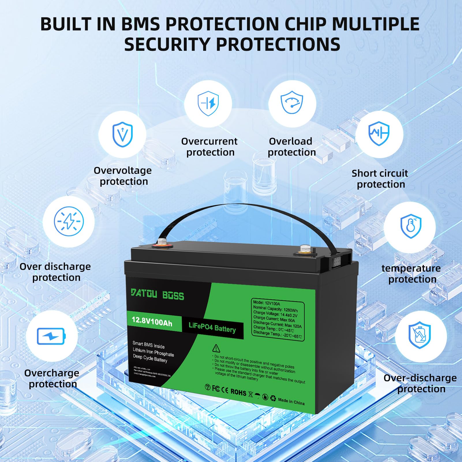 DATOUBOSS Batterie LiFePO4 12 V 100 Ah 1280 Wh au lithium avec BMS amélioré 100 A, max. 15 000 cycles de profondeur, supporte la commutation série/parallèle pour camping-car, panneau solaire, marine