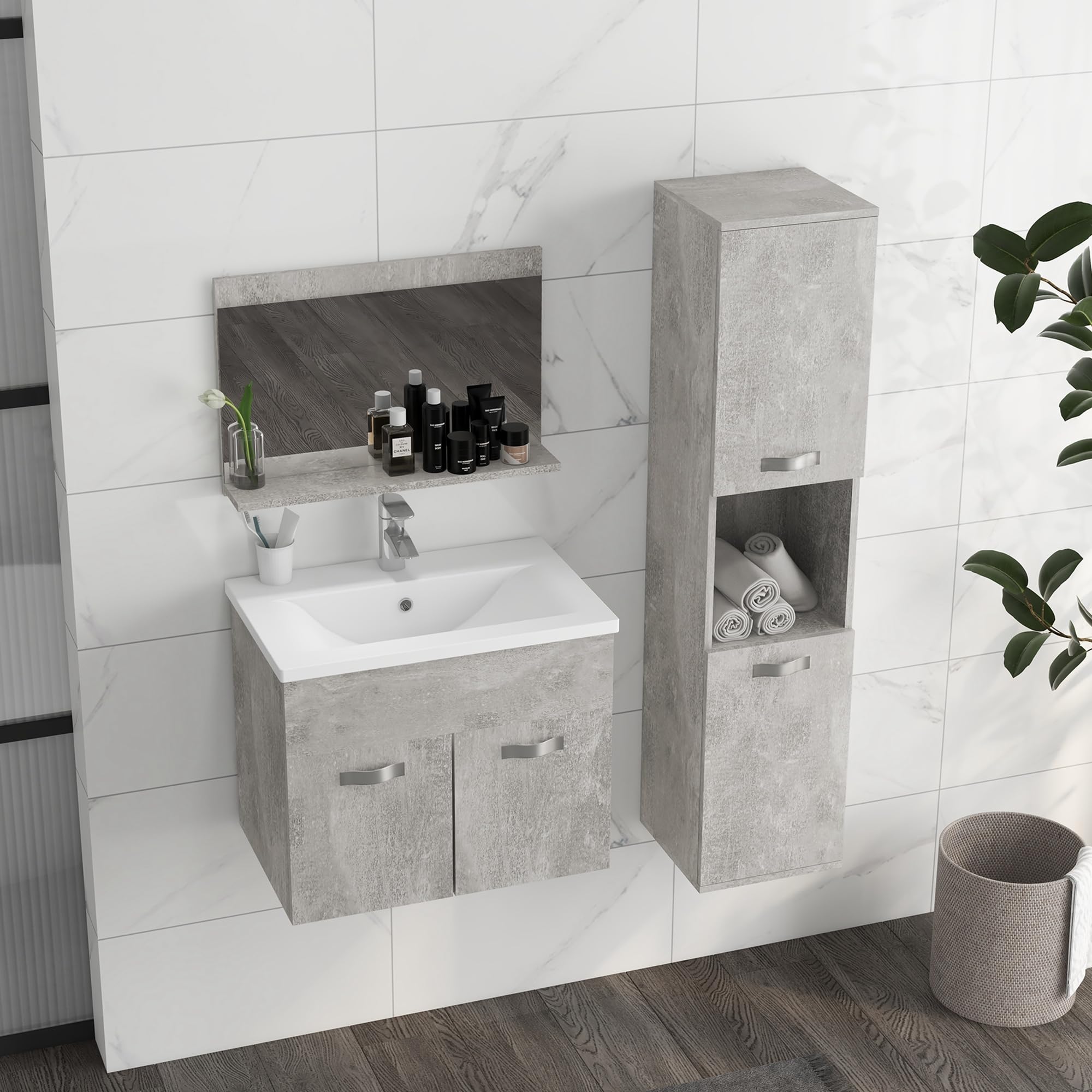 kleankin Ensemble de Meubles de Salle de Bain 4 pièces, Montage Mural, avec Miroir, Meuble sous Vasque, lavabo en céramique et Armoire Colonne Haute, étagères réglables, Style Moderne, Gris