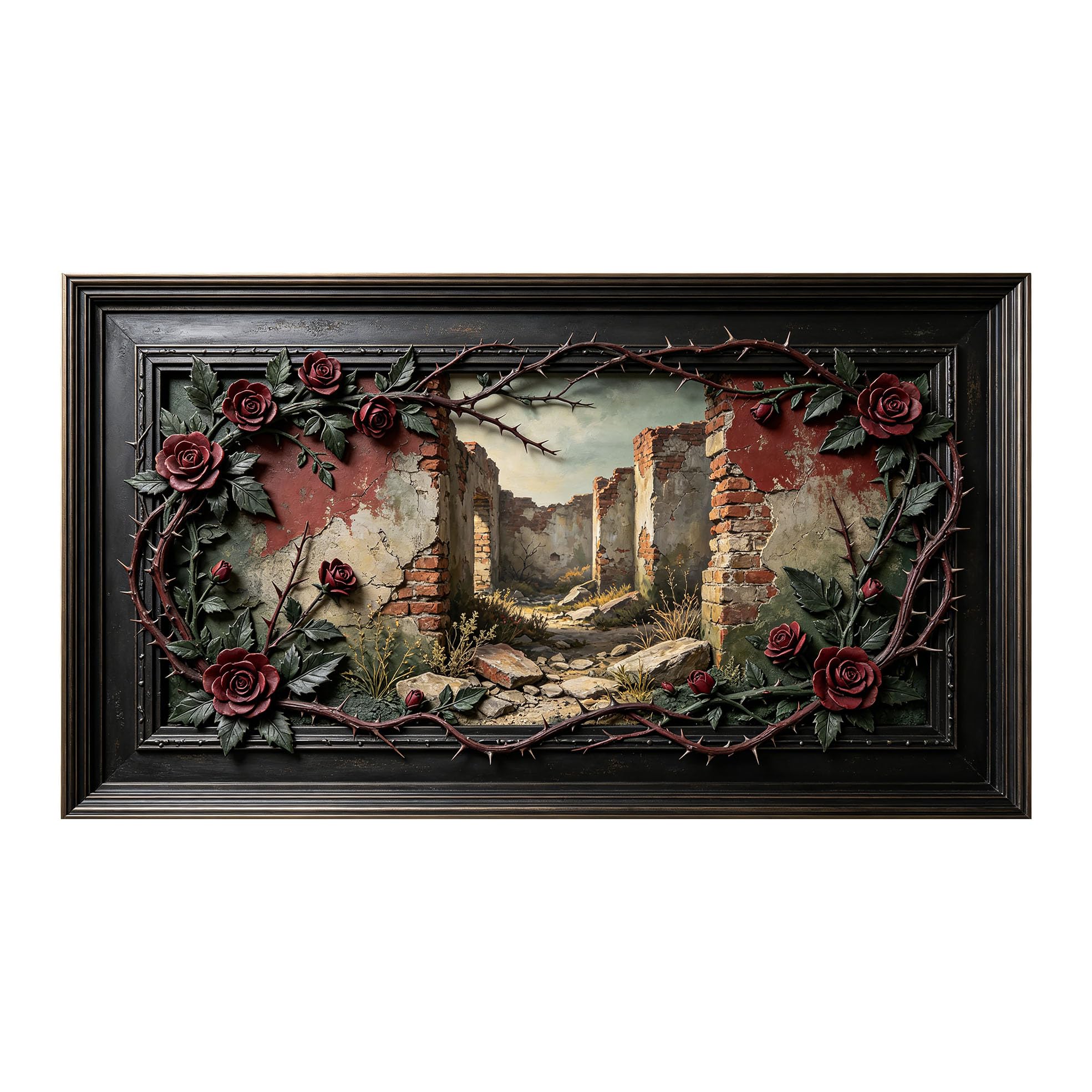 Murasolite 3D Framed Wall Art Rustic Ruins Floral Oil Painting SelfAdhesive Fabric Mural Wall Decor， Peel and Stick No Damage to Wall， AntiFall Safe Design for Bedroom Living Room