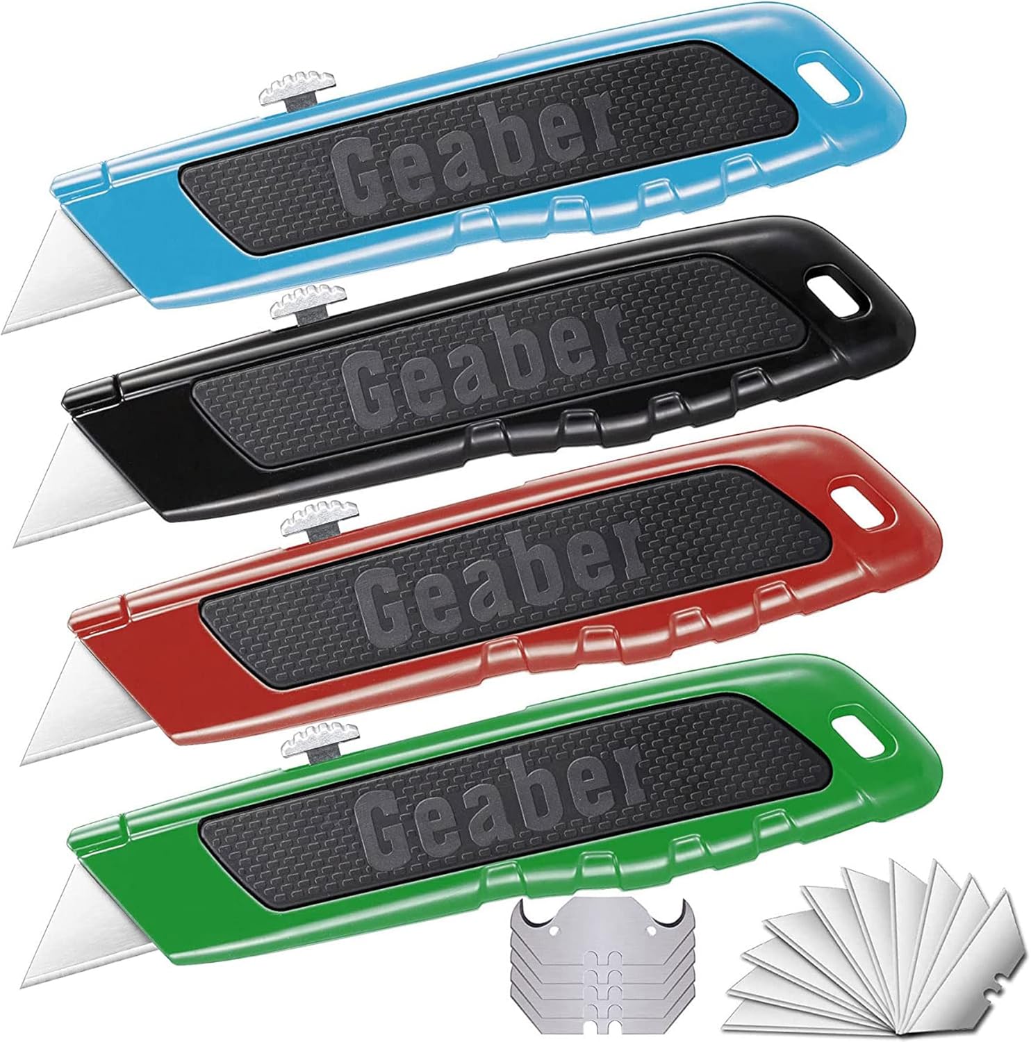 Geaber Box Cutter, 4-Pack Aluminum Shell Retractable Utility Knife for Heavy Duty Purpose, SK5 Sharp Blade, Rubbery Handle, with 15-Piece Blades, Can cut Drywall, Sheet Plastic, Linoleum, Boxes, Rope - - 