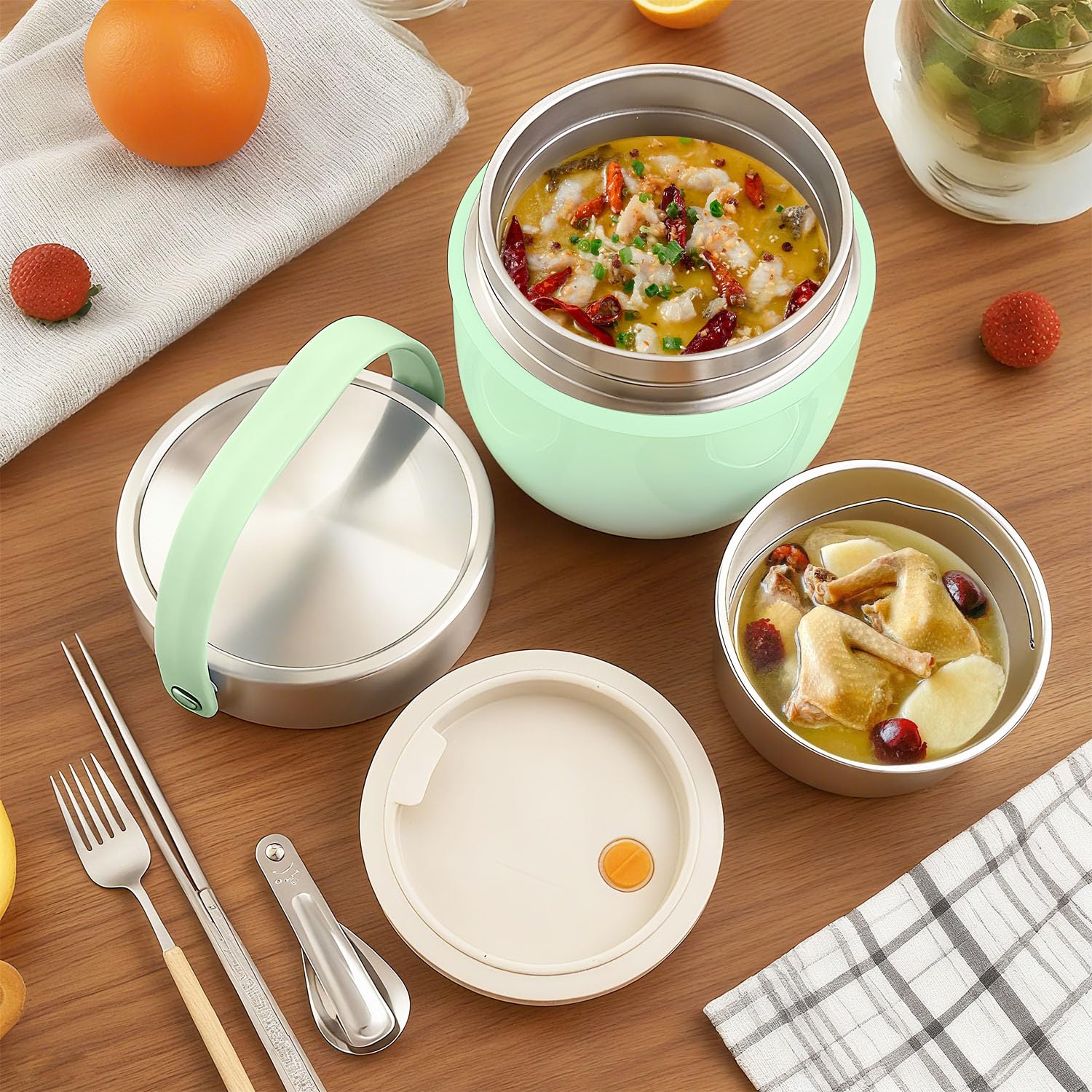 Portapranzo Termico per Alimenti 1200ml Contenitore Termico per Alimenti Caldi con Cucchiaio Pieghevole per Conservare Porridge,Zuppa,Frutta,Yogurt e Pranzi (Verde)