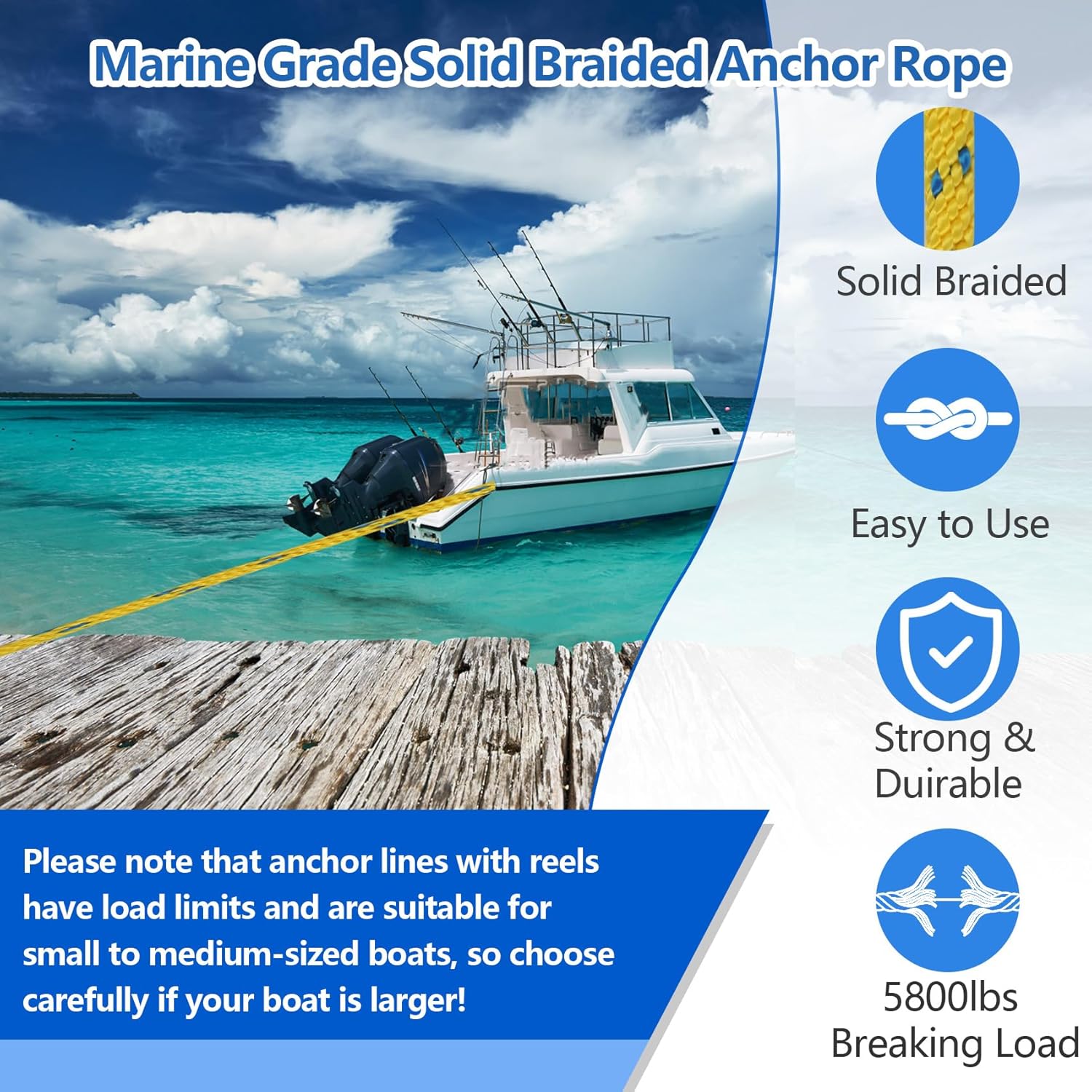 Anchor Rope 50 Ft x 1/2 Inch Premium Solid Braid MFP Anchor Line with 316 Stainless Steel Thimble and Heavy Duty Shackle Marine Boat Rope - Light Yellow/Blue