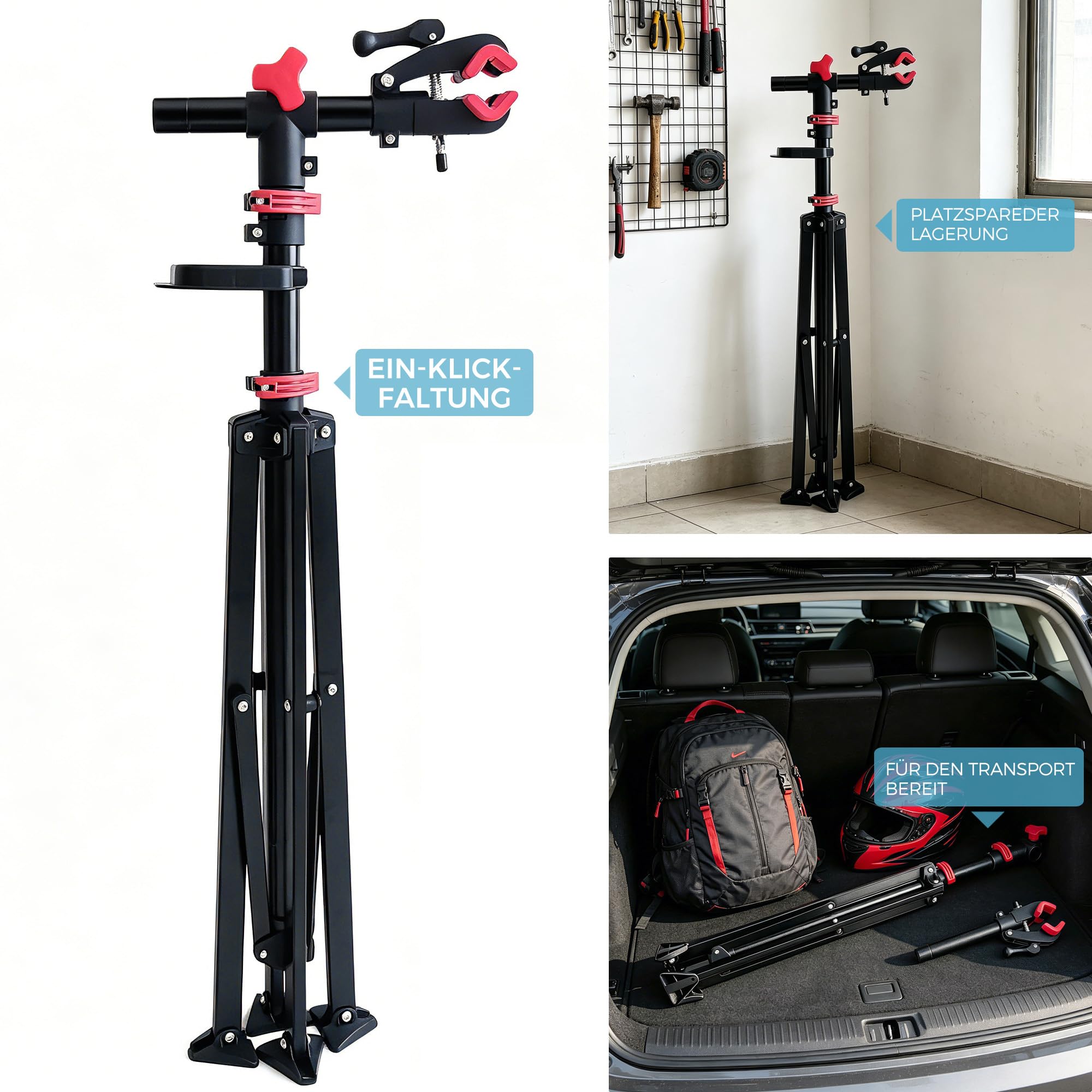 Profi Fahrrad Reparaturständer, mit großem rechteckigem magnetischem Werkzeugtablett und Vorderradhalter, 360° drehbarer Klemmkopf, klappbar & universell verstellbar, bis 30 kg belastbar