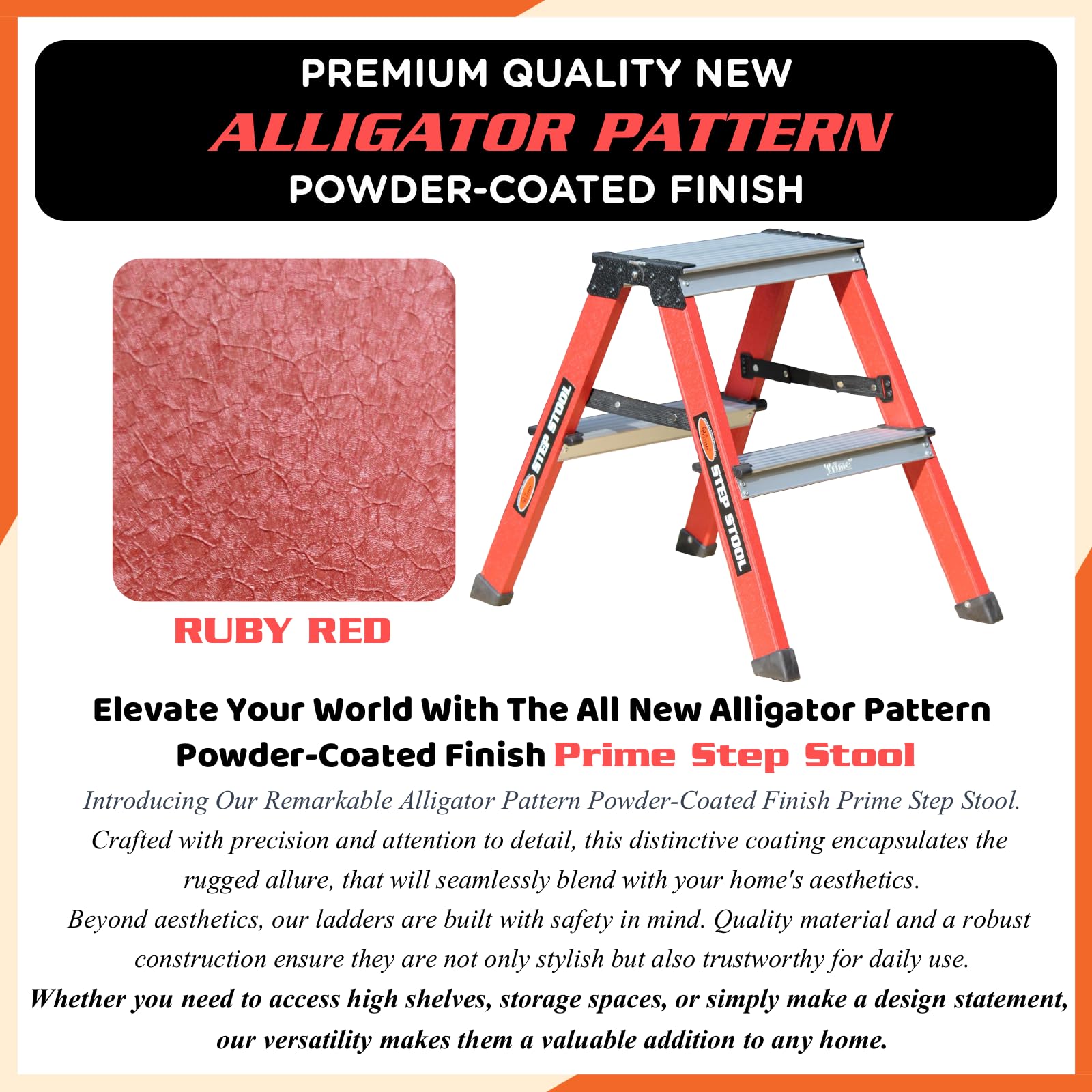 Prime 2steps Alligator Pattern Powder-Coated Finish Foldable Aluminium Twin Step Stool Ladder for Home & Office Use | Made in India | 5 Years Warranty | Anti-Skid Serrated Steps (Ruby Red) 2