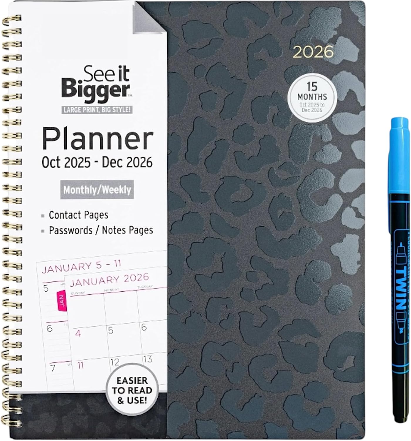 PlanAhead See IT Bigger October 2025 - December 2026 Monthly/Weekly Large Planner 8.5" x 11"and SUHEYLA Twin Fluorescent Pen (See It Bigger)