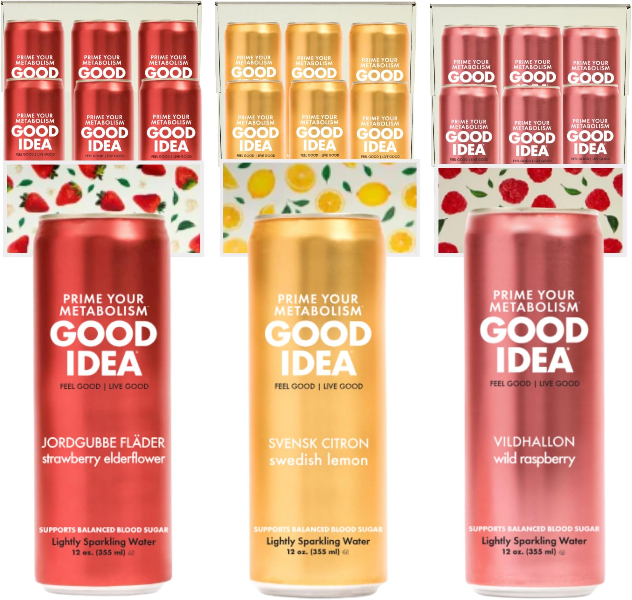 GOOD IDEA Sparkling Water – Supports Metabolism, Balances Blood Sugar, Boosts GLP-1 Naturally – Science-Backed Functional Beverage – No Caffeine, No Sugar – Swedish Signature Variety Pack (18 Cans, 3 Flavors, 12 oz)