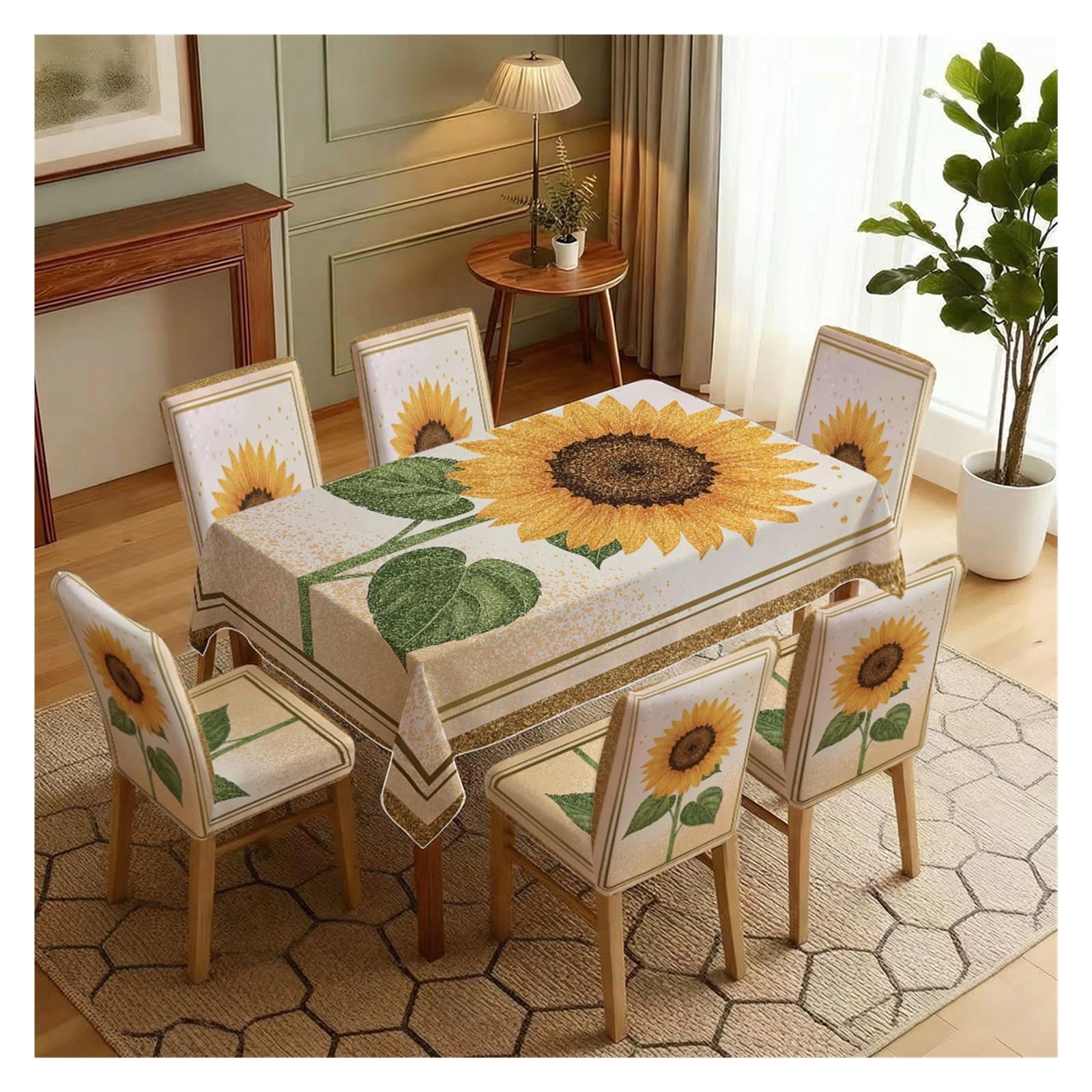 BOSUYBN Sunflower Dining Set Covers, 5/7 Piece Tablecloth With Matching Chair Slipcovers, Vibrant Floral Design For Bright Dining Spaces Table Setting(7pcs Set: Tablecloth+Chair Covers)