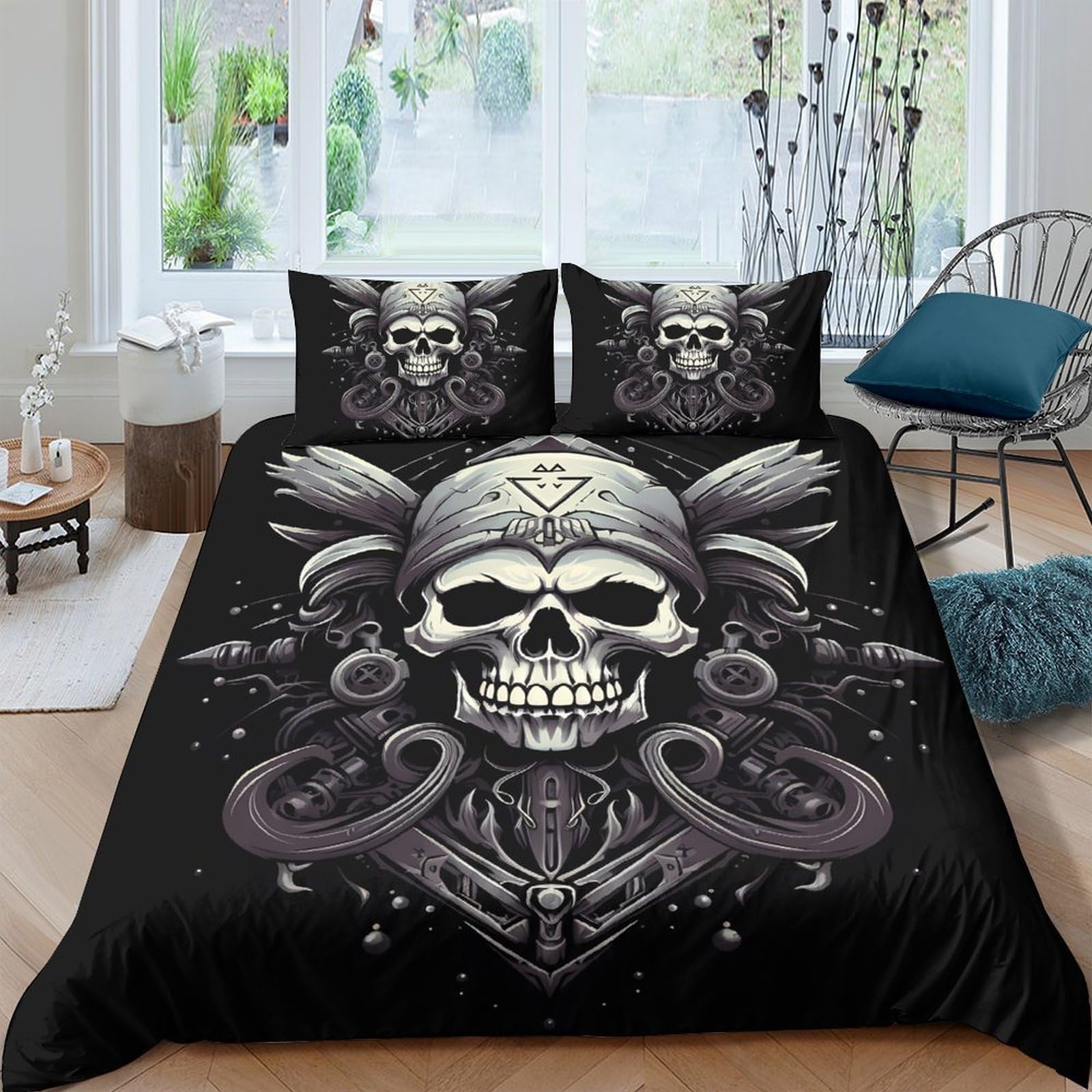 Ctjqhvkz Style-1 3D Printed Pirate Skull Fitted Sheet Microfiber Soft Black Gothic Bed Sheet Bedroom Dorm Mattress Cover Decor Single（135X200cm）