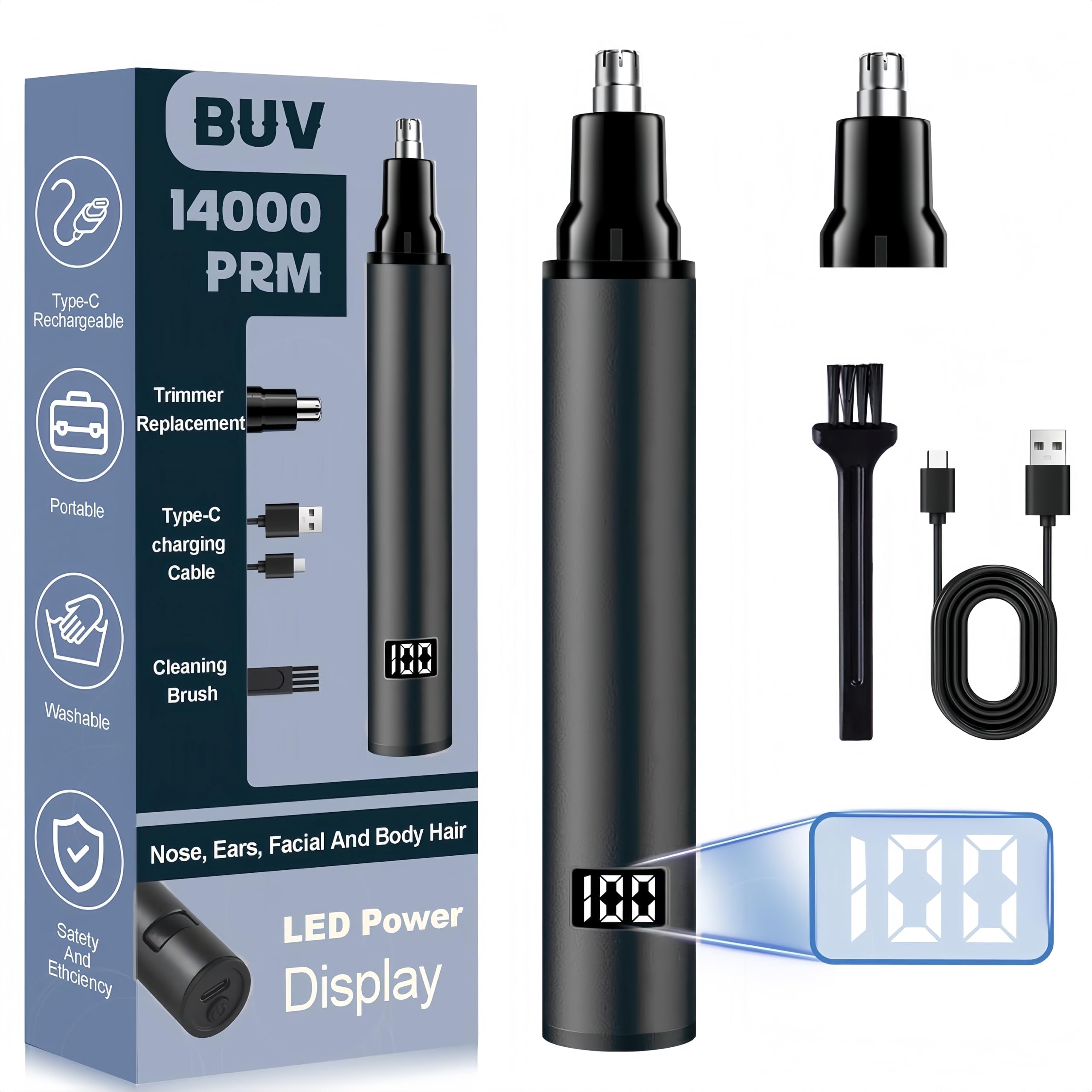 BUV Nose Hair Trimmer with LED Display- 2025 Professional Painless Ear Hair Trimmers for Men and Women USB