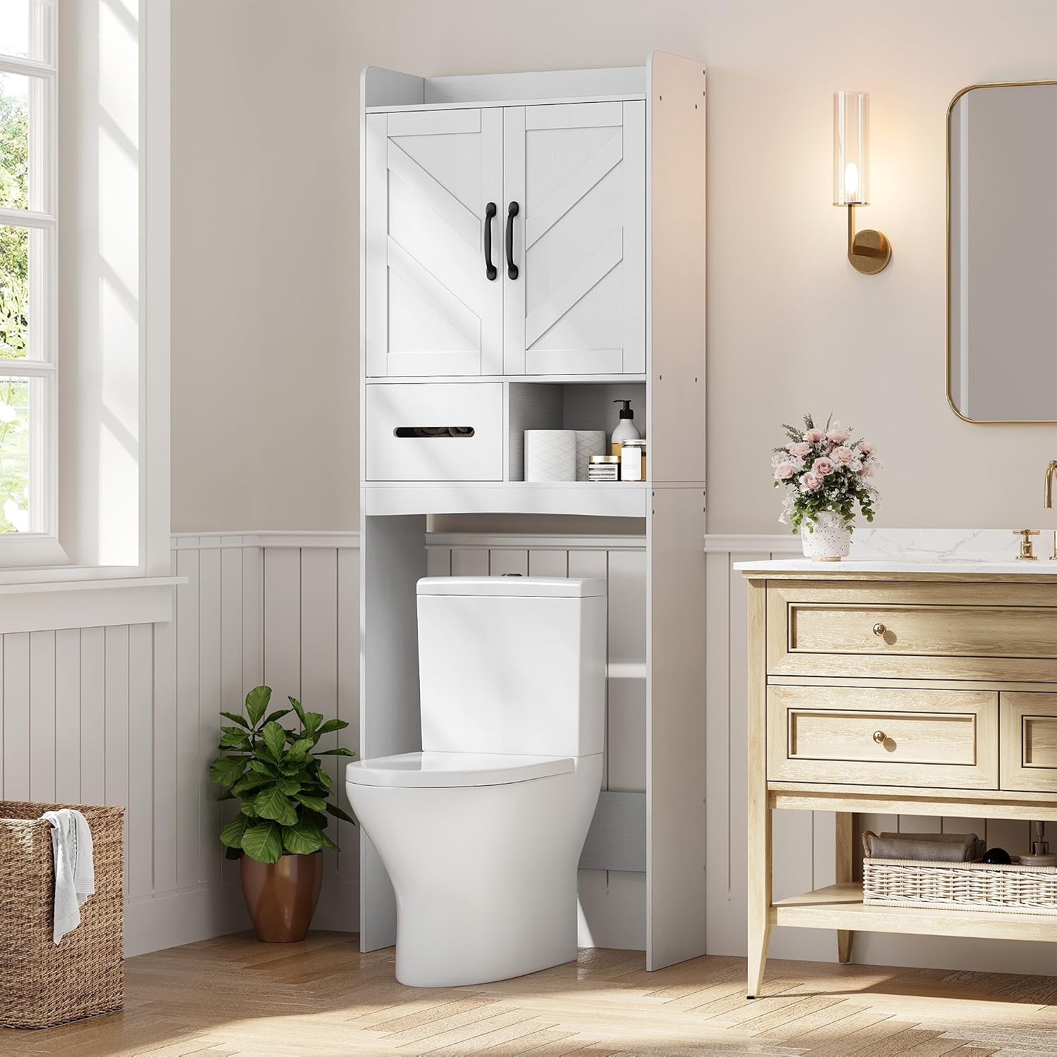 IDEALHOUSE Over the Toilet Storage Cabinet,Bathroom Organizers and Storage with Anti-Tip Device and Adjustable Shelf for Bathroom,Restroom,Laundry,Black