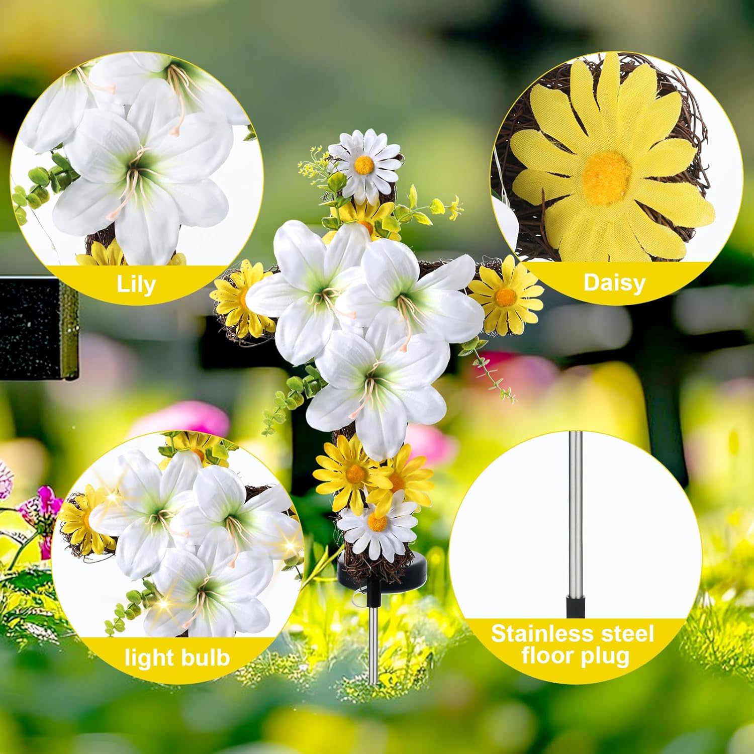 2Pack Solar Easter Lily Cross Spring Garden Stake,Artificial Lilies&Natural Rattan Cross with Metal Floor Plugs for Easter Cemetery Grave、Garden