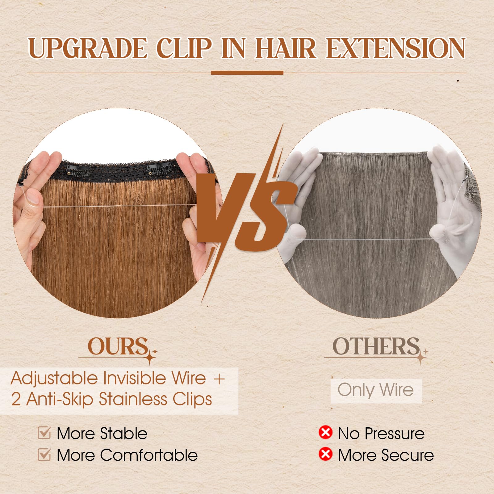 Benehair Wire Hair Extensions Real Human Hair Adjustable #6 Light Brown Secret Wire in Hair Extensions with Clips Straight 18 Inches (65g) - Image 4
