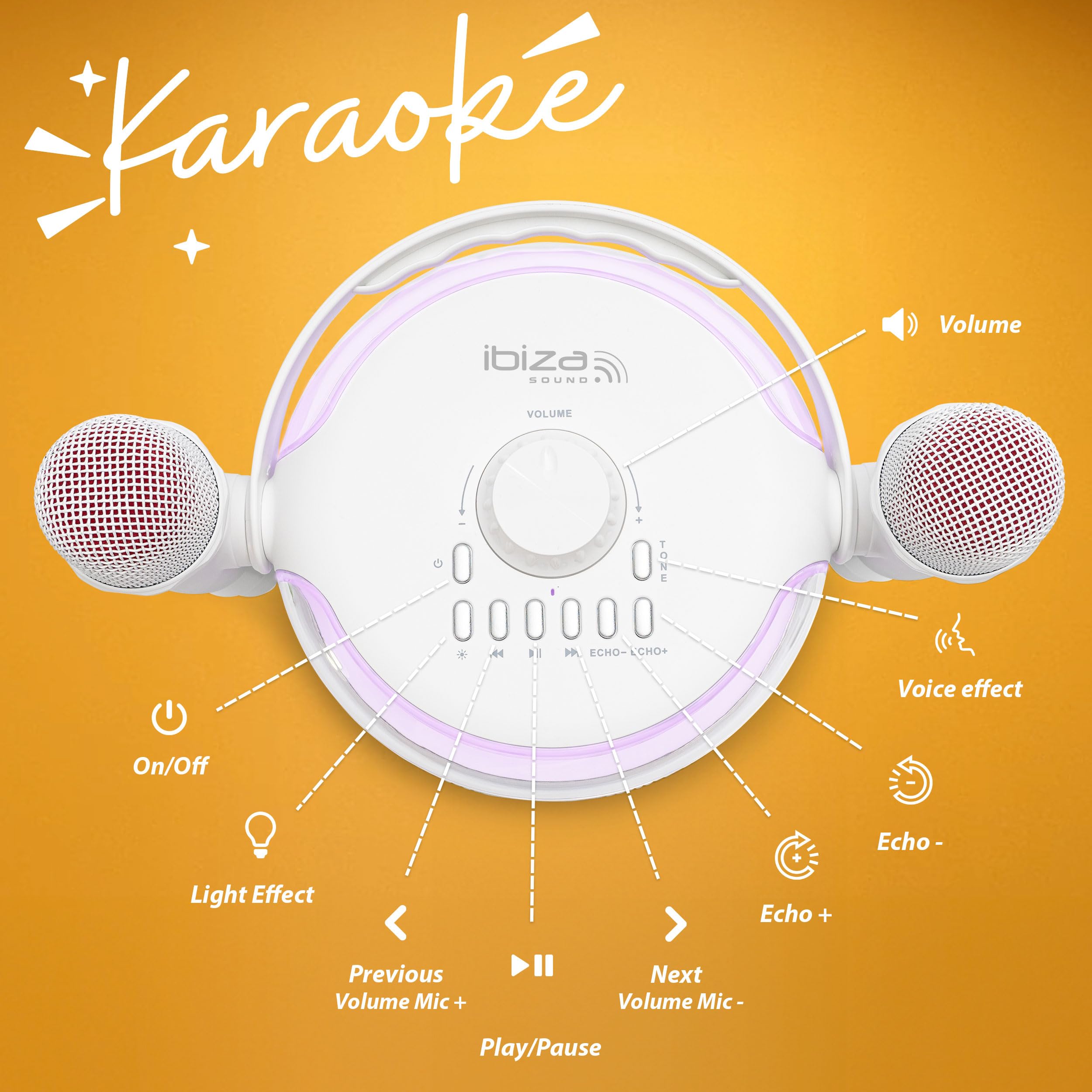 Ibiza - KARAHOME-WH - Enceinte Karaoke Lumineuse sur Batterie, avec Deux micros sans Fil (sur Batterie) - Bluetooth, USB, MicroSD, USB, AUX et Coax - Blanc