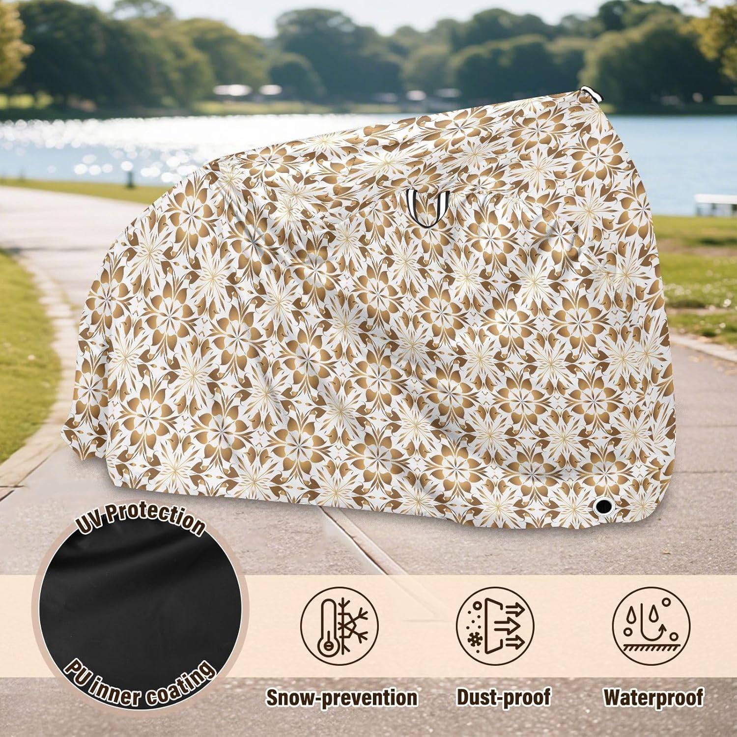 ALAZA Gold Geometric Flower Floral Bike Cover Waterproof Outdoor Ebike Bicycle Covers Tarp Protection for 1/2 Bikes, Sun UV Dust Wind Proof