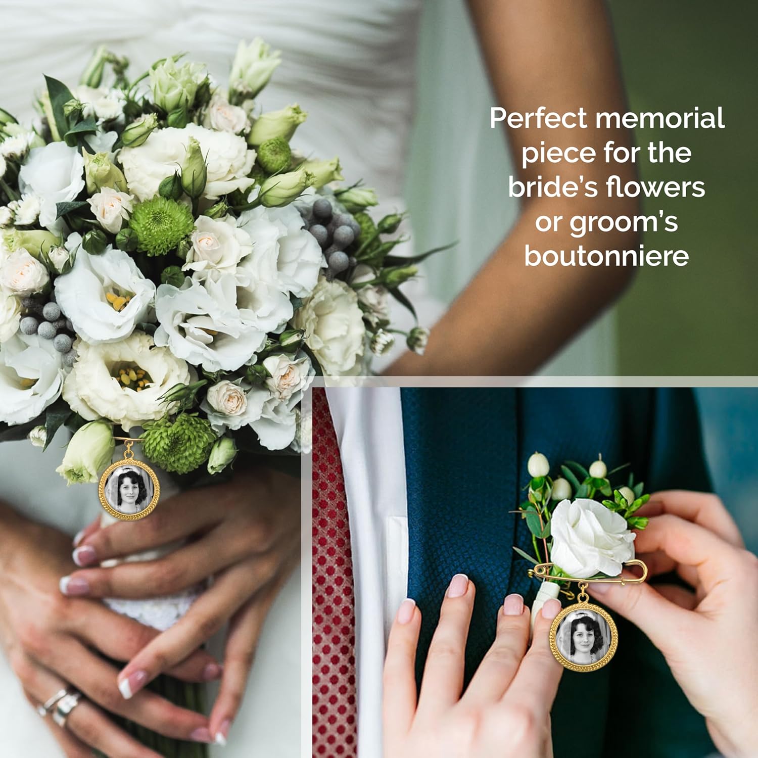 Gold Wedding Bouquet Photo Charm for Bridal Wedding Bouquet Gold Picture Frame Pin Memorial DIY Photo Charm for Bride or Memorial Boutonniere Pin for Groom - Image 5
