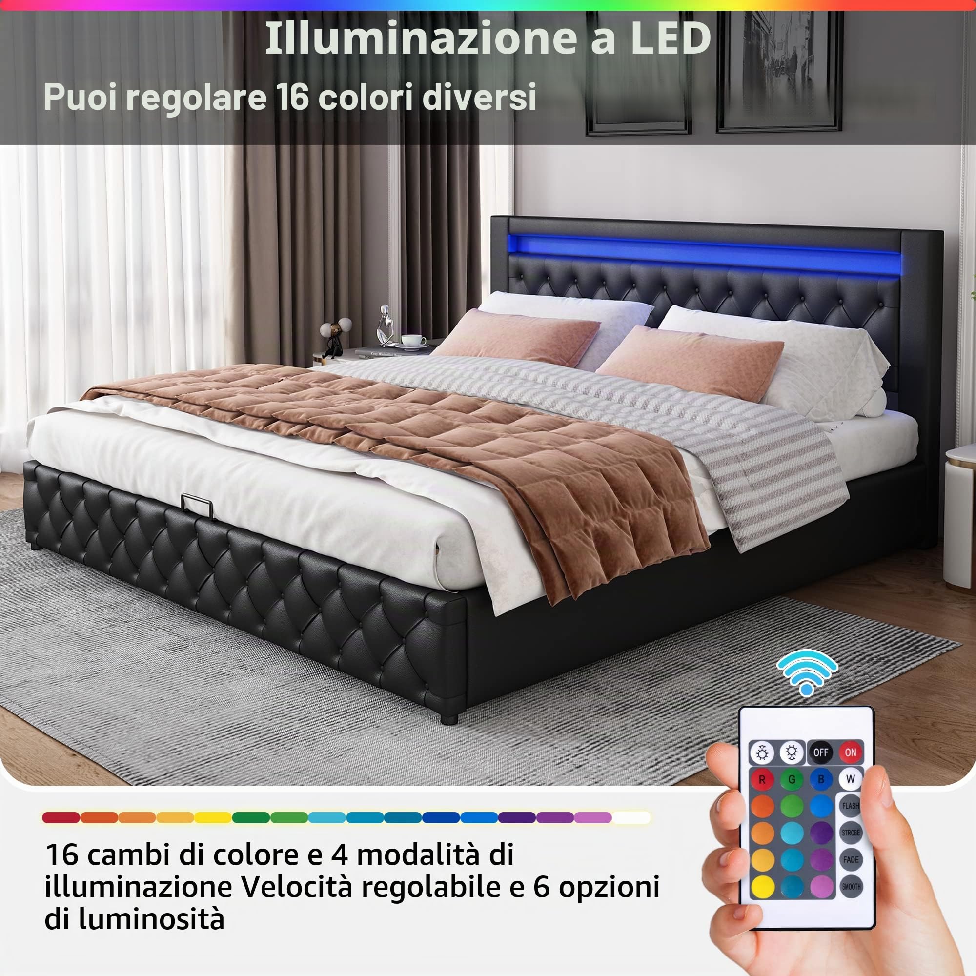 Letto idraulico, 180 x 200 cm, Nero letto imbottito con rete a doghe e spazio per letto matrimoniale, con striscia di illuminazione a LED