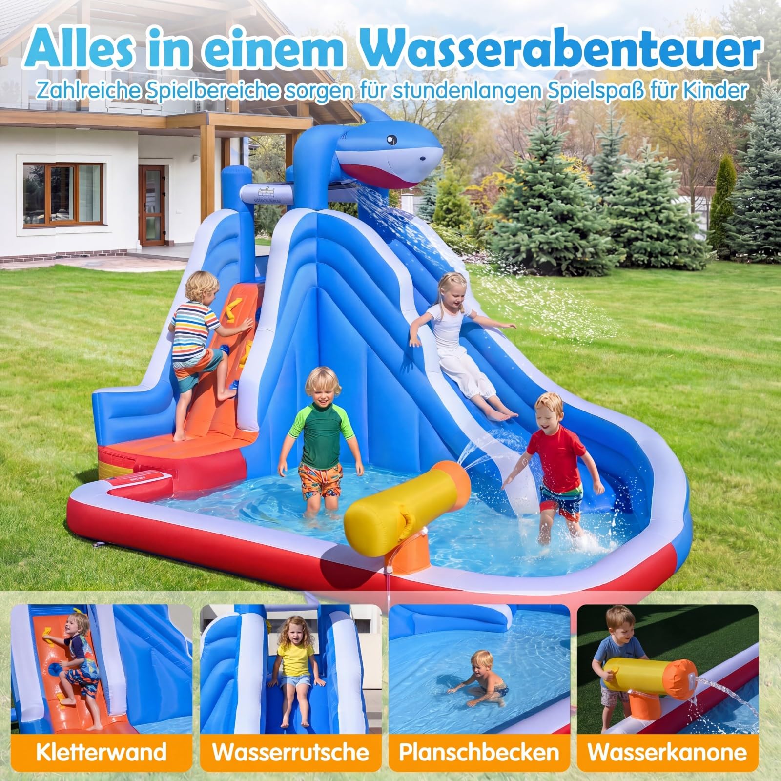 COSTWAY Hüpfburg mit Wasserrutsche, Kletterwand, Wasserkanone & Planschbecken, Wasserhüpfburg für Kinder, Wasserpark für Außenbereich, 401 x 307 x 255 cm