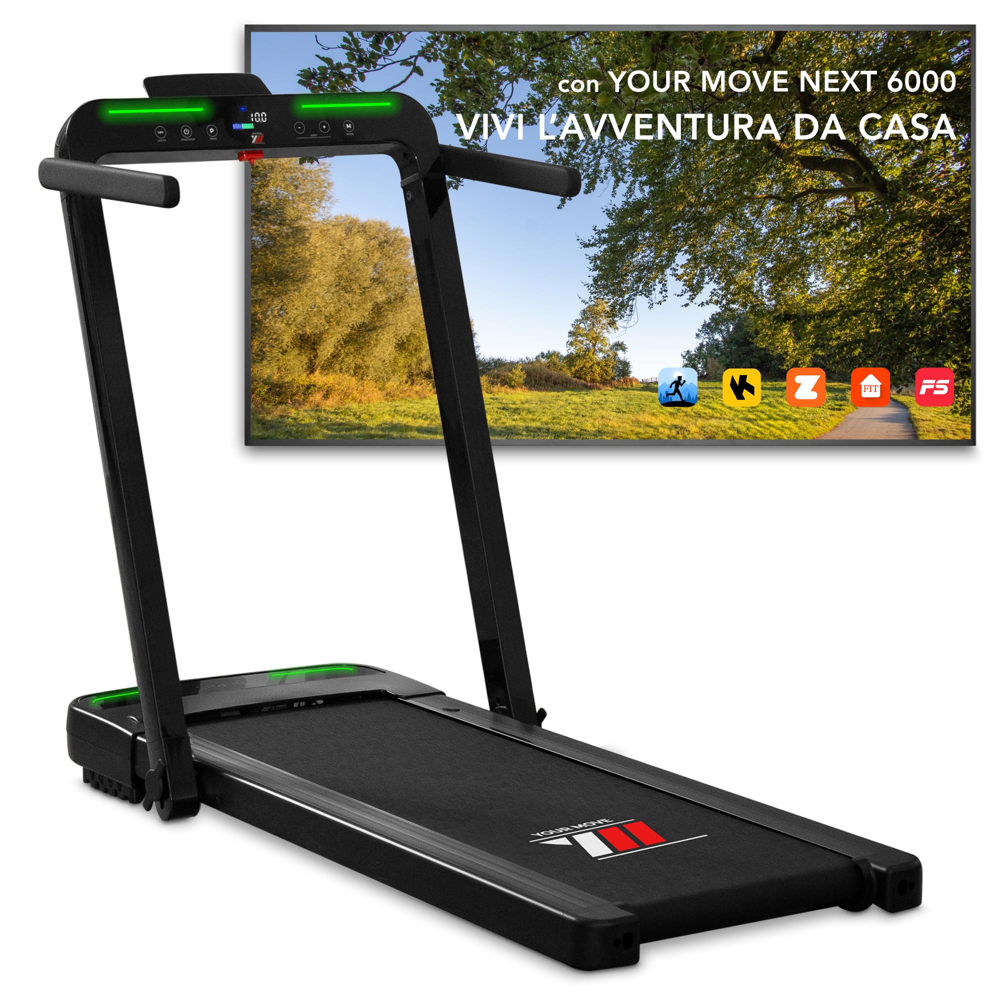 YM Tapis Roulant Elettrico Pieghevole Next 6000, 16 km/h, MARCHIO ITALIANO, Salvaspazio, Bluetooth + APP Interattive Kinomap Zwift Bitgym Fithome, Super Compatto (13 cm Da Chiuso), ASSISTENZA ITALIA