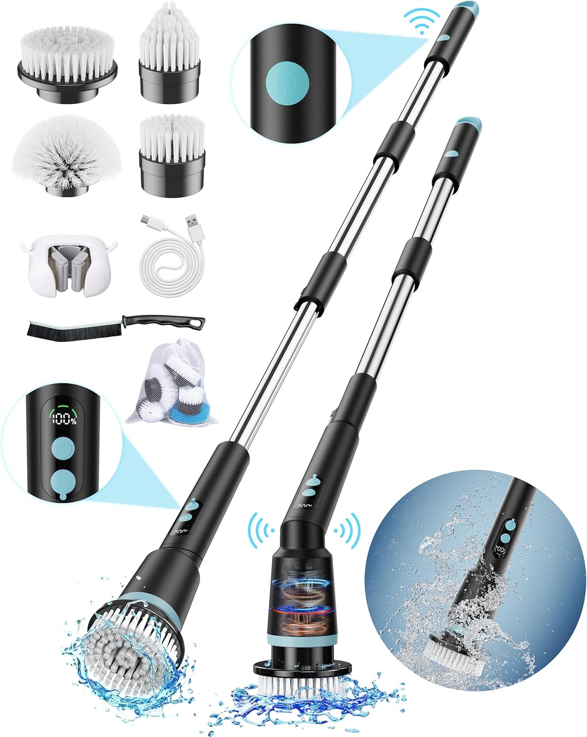 New Upgrade Kimeetol Electric Spin Scrubber with Remote Control, IPX7 Cordless Cleaning Brush with 5 Brush Heads, 2 Adjustable Angles, Long Handle Power Scrubber for Bathroom, Shower, Tub, Floor-Black New Upgrade Kimeetol Electric Spin Scrubber with Remote Control, IPX7 Cordless Cleaning Brush with 5 Brush Heads, 2 Adjustable Angles, Long Handle Power Scrubber for Bathroom, Shower, Tub, Floor-Black