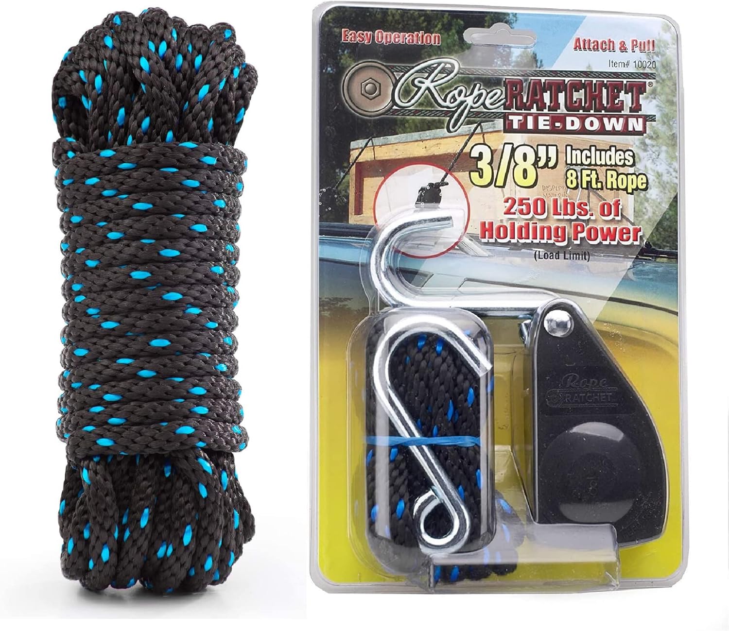 Rope Ratchet 10020 3/8" Rachet Straps Rachet Tie Down and Rope Ratchet 3/8", 50 ft Solid Braided Polypropylene Rope, Heavy Duty