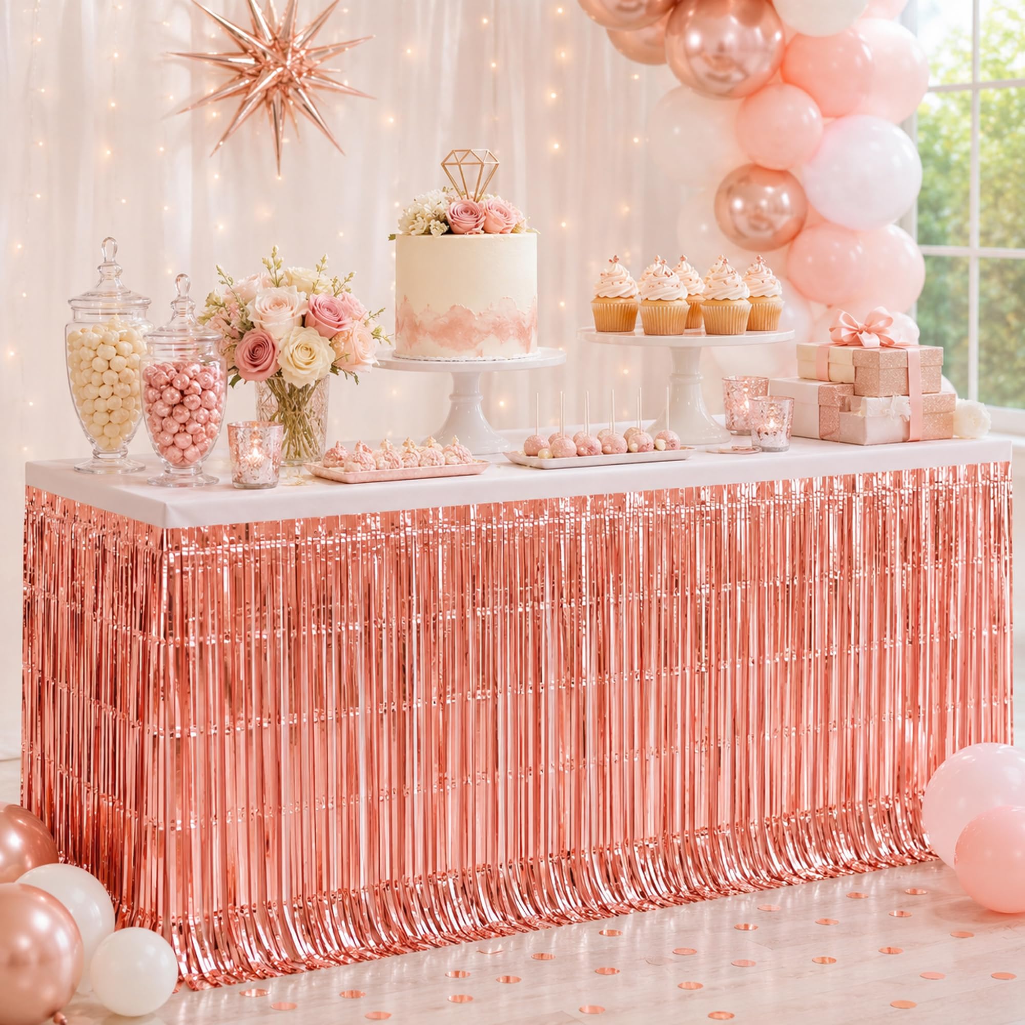 Rose Gold Foil Fringe Table Skirt, 2 Pack, Metallic Tinsel Decor, 29x108 In