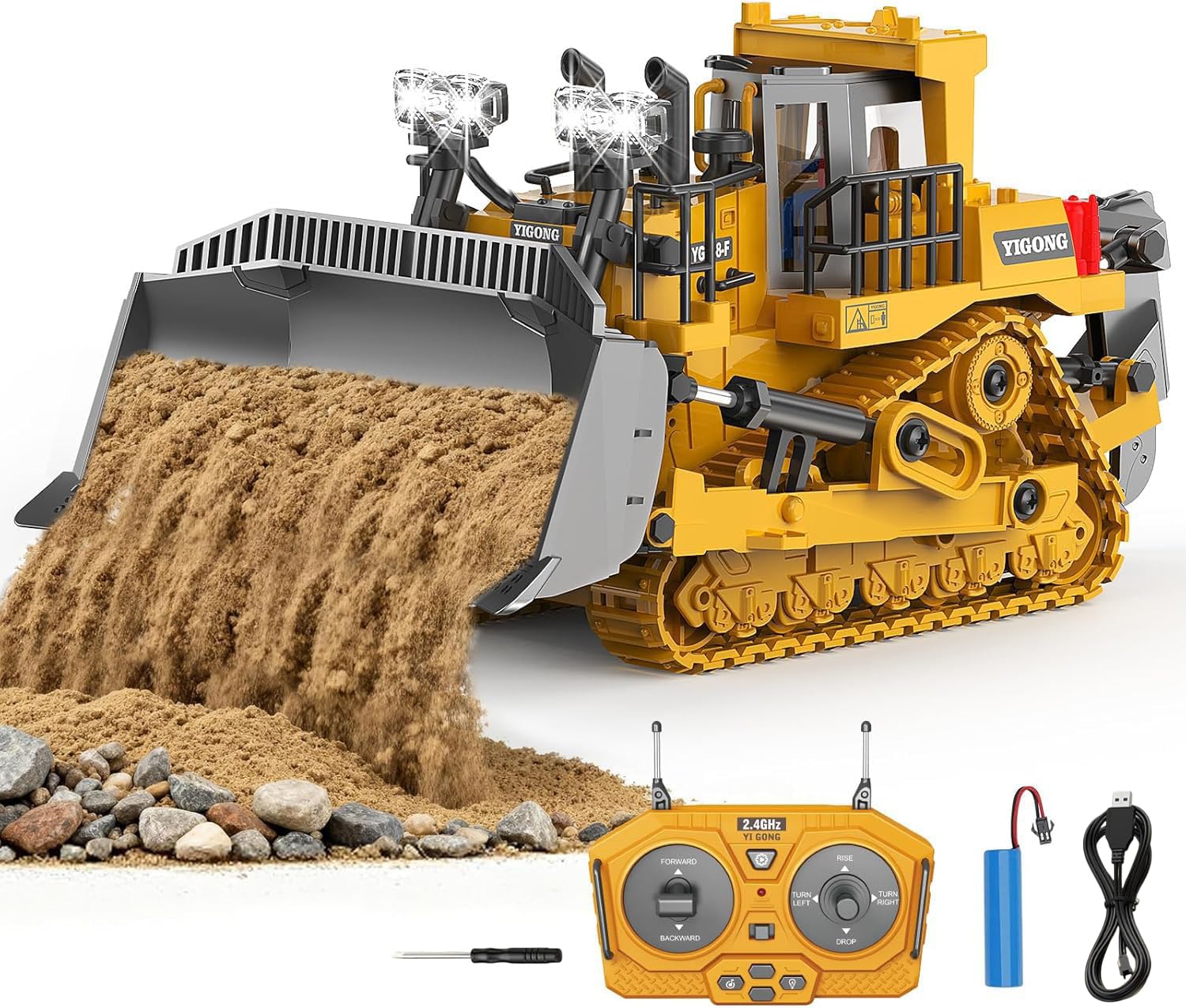 Magicwand 1:18 Scale Die-Cast 9 Channel Multi-Directional Bulldozer with Working Headlights Lights & Sound for Kids【Mustard】【Pack of 1】