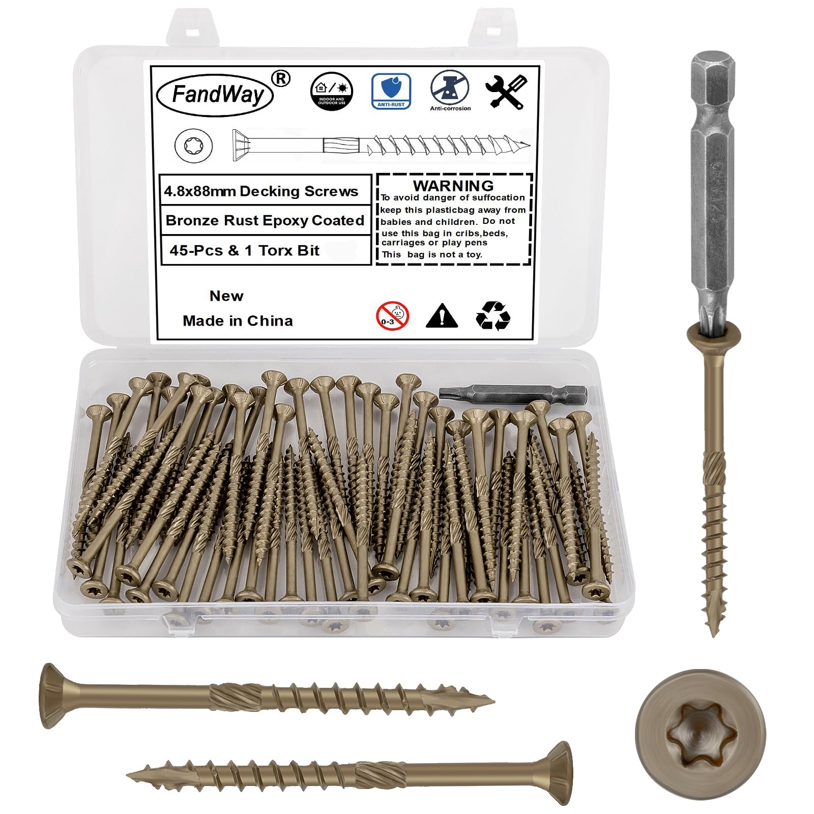 FandWay 4.8x88mm Deck Screws 45Pcs,Torx Drive Wood Screws, Flat/Countersunk Head Screw,Rust Resistant epoxy Coated, Bronze, T25 Star Bit.