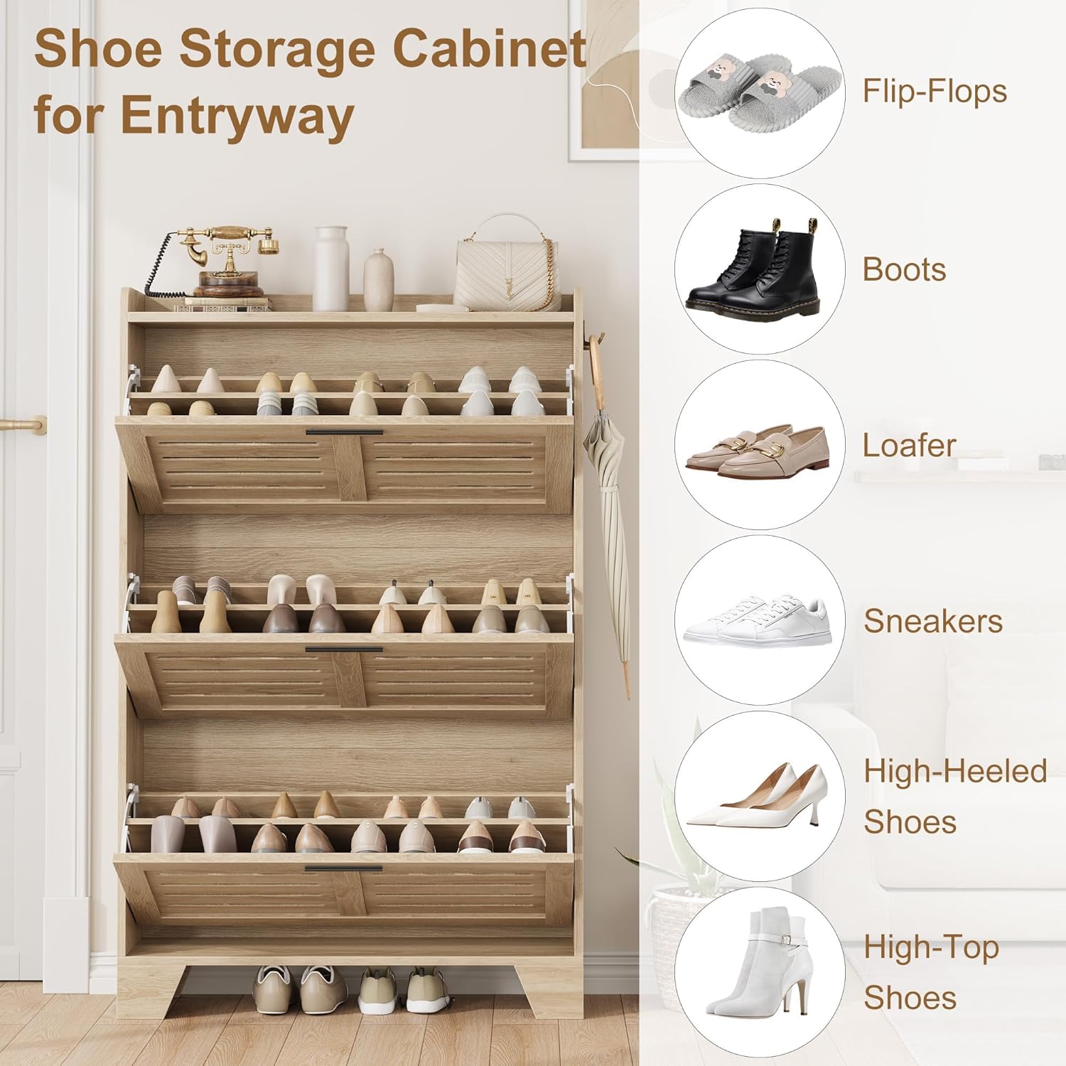 GAOMON Narrow Shoe Cabinet for Entryway, Slim Shoe Cabinet with 3 Flip Drawers, Farmhouse Thin Shoe Organizer Cabinet with Hooks for Entrance, Hallway, Front Door