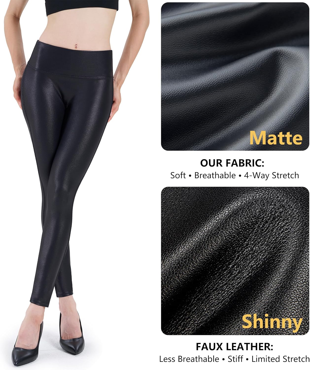 Womens Faux Leather Leggings, 25"/27", High Rise Stretch Pants
