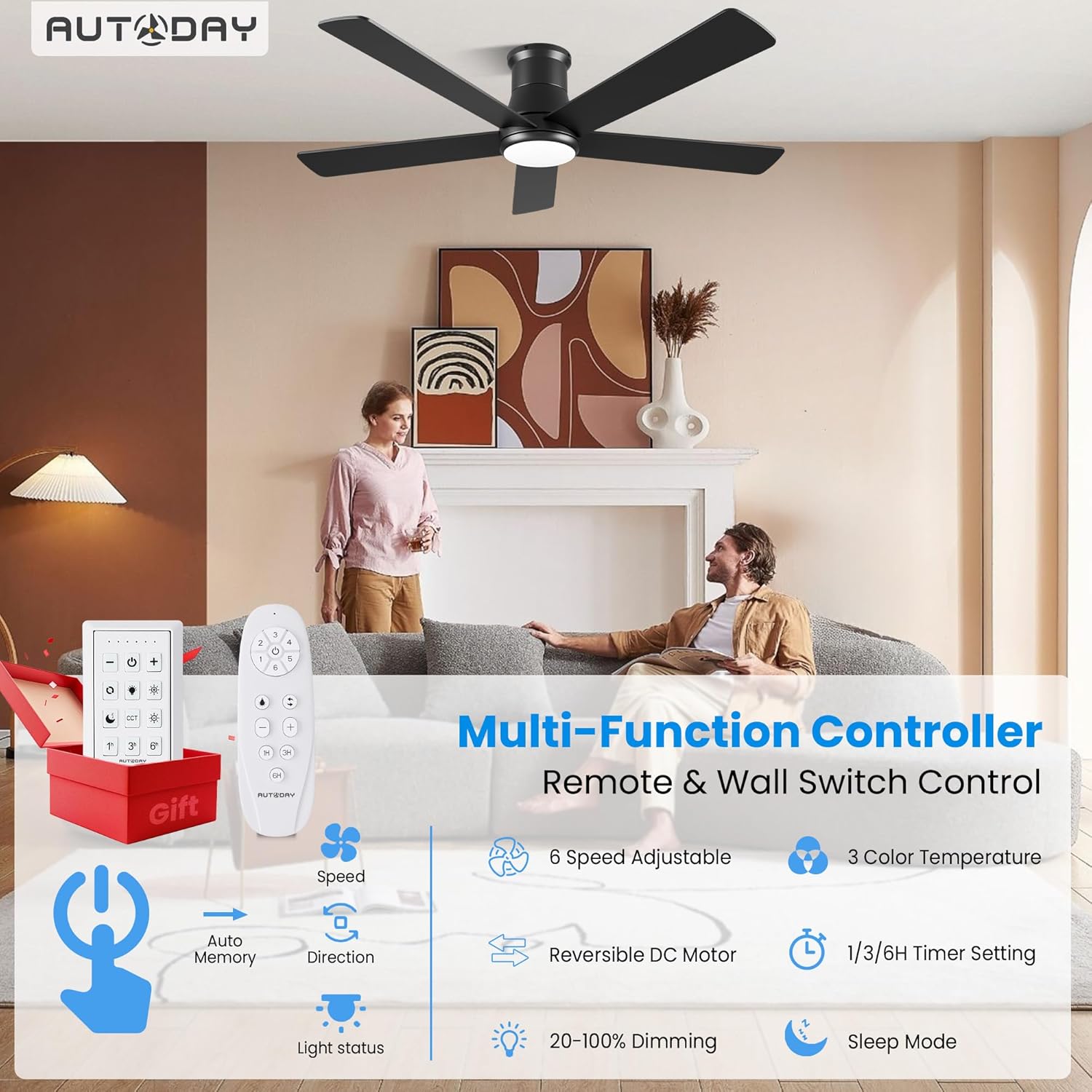 52 Inch Low Profile Ceiling Fan with Light, Black Flush Mount Ceiling Fans with Lights and Remote, 6 Speeds Reversible Quiet DC, 3CCT Dimmable, Indoor Outdoor Ceiling Fans for Patios Bedroom - Image 2