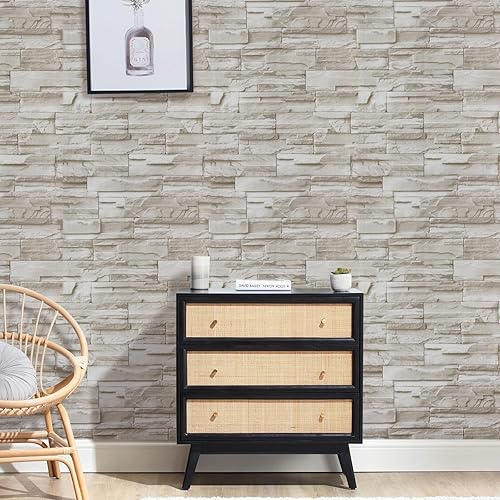 Miniatura 3 de ConCus-T Papel tapiz de ladrillos de contacto de piedra de 17.71 x 236.22 pulgadas, papel tapiz autoadhesivo de ladrillos de piedra sintética para