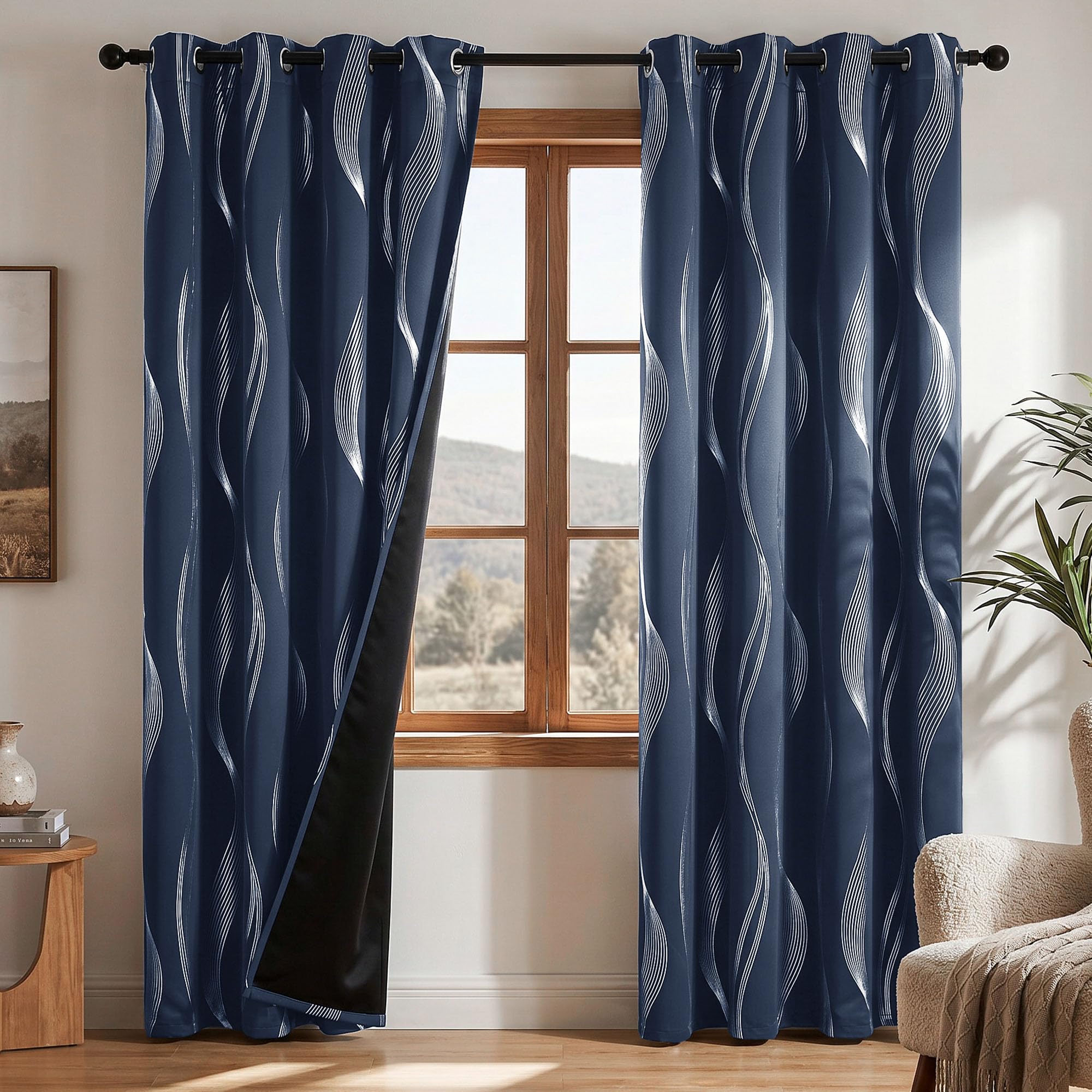 Deconovo 100% Blackout Curtains OEKO-TEX Certified Thermal Insulated Silver Wave Line Foil Printed Eyelet Curtains for Bedroom Living Room Navy Blue W46 x L72 2 Panels