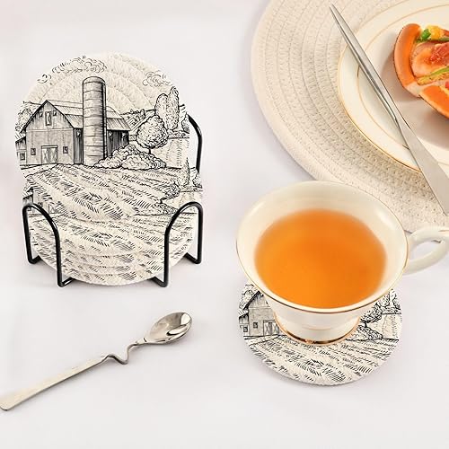 Miniatura 5 de Absorbant Coasters Set of 6 with Holder Coasters for Drinks Absorbent Aesthetic Coasters for Desk Posavasos para Mesa Country Landscape Farm Barn