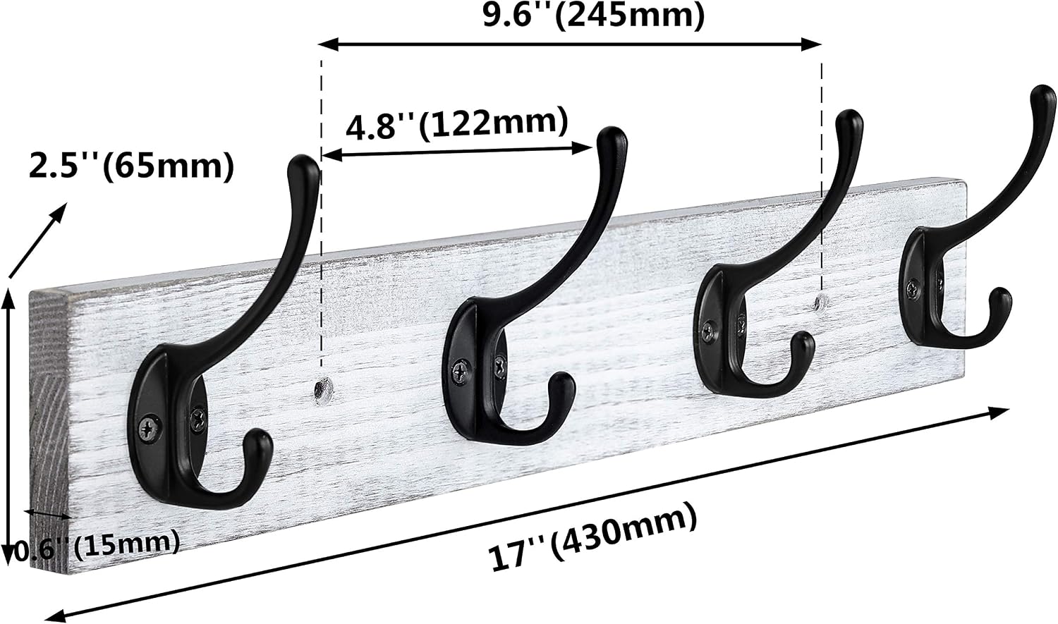 IBosins Wall Mounted Coat Rack, Entryway Hanging Coat Rack, Metal Wood Coat Rack with 4 Black Literary Rustic Hooks Rail for Coat, Scarf, Bag, Towel, Key, Cap, Cup, Hat (White)