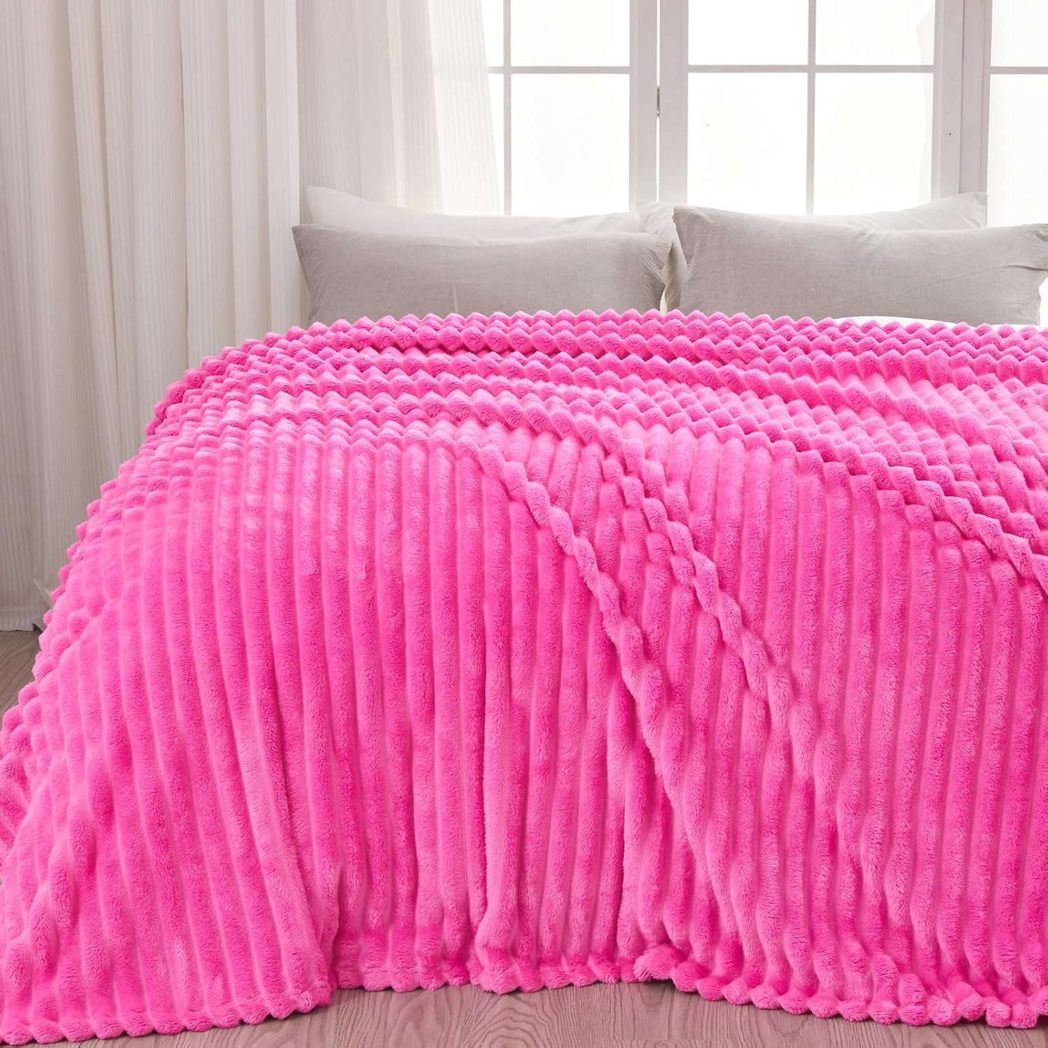 NEWCOSPLAY Super Soft Throw Blanket Hot Pink Premium Silky Flannel Fleece 3D Ribbed Jacquard Lightweight Bed Blanket All Season Use (Hot Pink Ribbed, Throw(50"x60")) - Image 9