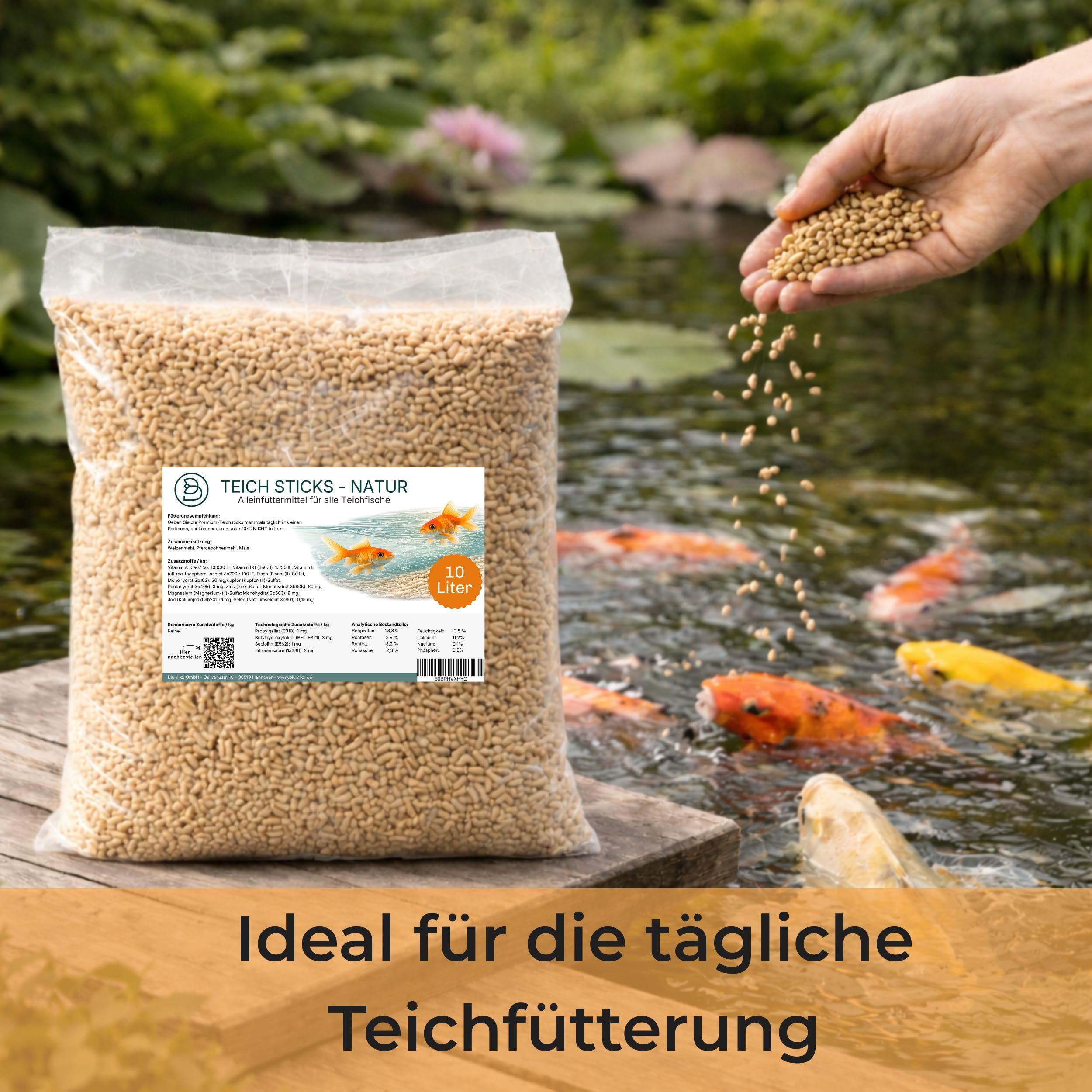 Blumixx Alimento para peces para estanque, 50 l, palitos de alimento para peces de estanque, palitos para peces de estanque, alimento para peces de colores, alimento flotante para estanque con
