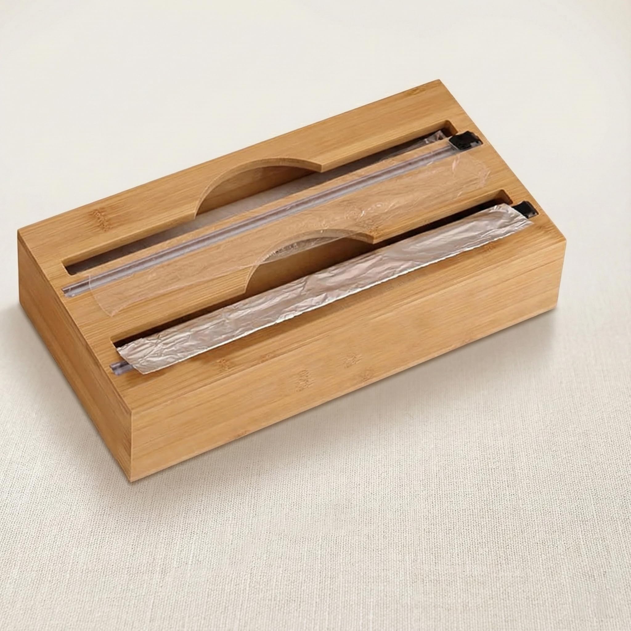 AmberHaus Bambu 2 Bölmeli Streç ve Alüminyum Folyo Kutusu | Duvara Monte Edilebilir Folyo Kesici | 17,5x9,5x10 cm | Mutfak Düzenleyici Organizer